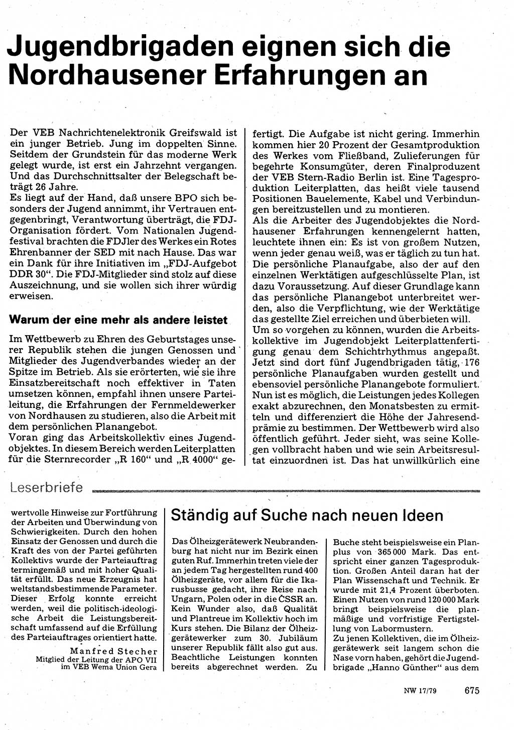 Neuer Weg (NW), Organ des Zentralkomitees (ZK) der SED (Sozialistische Einheitspartei Deutschlands) für Fragen des Parteilebens, 34. Jahrgang [Deutsche Demokratische Republik (DDR)] 1979, Seite 675 (NW ZK SED DDR 1979, S. 675)