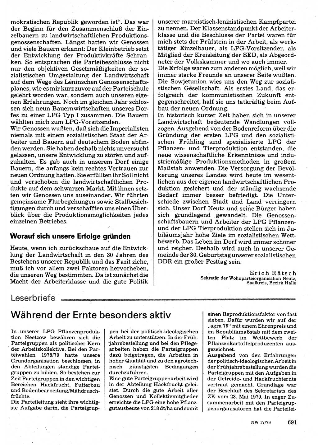 Neuer Weg (NW), Organ des Zentralkomitees (ZK) der SED (Sozialistische Einheitspartei Deutschlands) für Fragen des Parteilebens, 34. Jahrgang [Deutsche Demokratische Republik (DDR)] 1979, Seite 691 (NW ZK SED DDR 1979, S. 691)