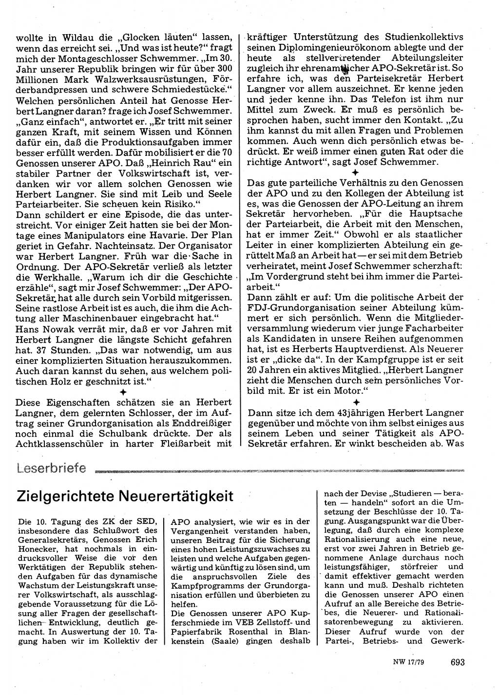 Neuer Weg (NW), Organ des Zentralkomitees (ZK) der SED (Sozialistische Einheitspartei Deutschlands) für Fragen des Parteilebens, 34. Jahrgang [Deutsche Demokratische Republik (DDR)] 1979, Seite 693 (NW ZK SED DDR 1979, S. 693)