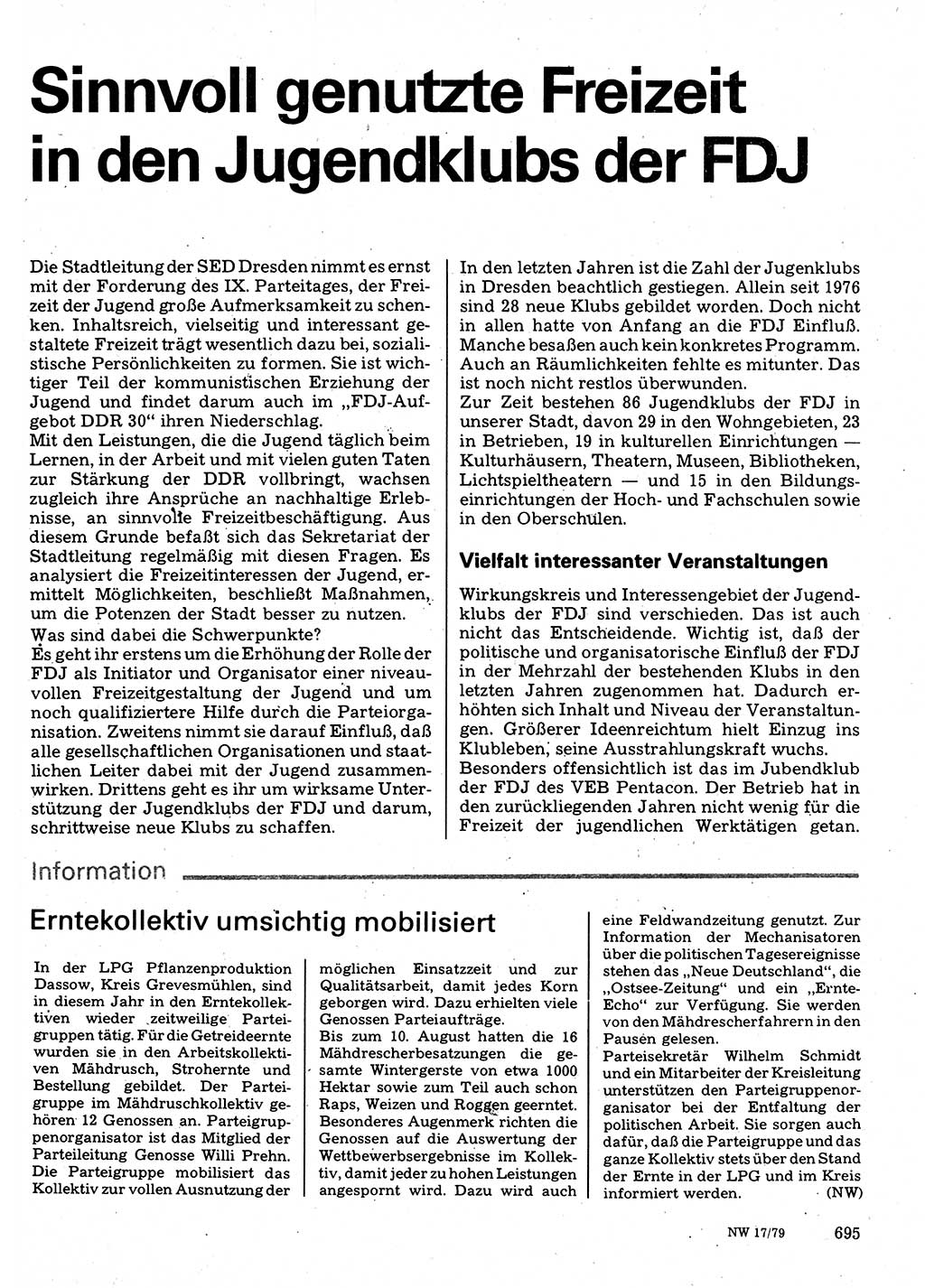 Neuer Weg (NW), Organ des Zentralkomitees (ZK) der SED (Sozialistische Einheitspartei Deutschlands) für Fragen des Parteilebens, 34. Jahrgang [Deutsche Demokratische Republik (DDR)] 1979, Seite 695 (NW ZK SED DDR 1979, S. 695)