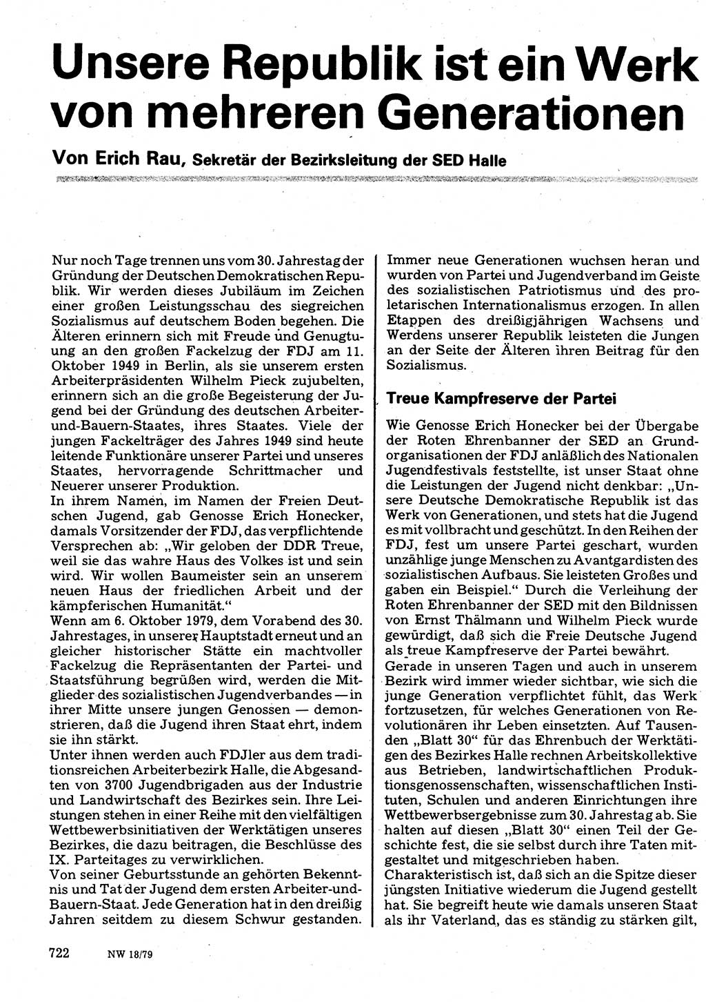 Neuer Weg (NW), Organ des Zentralkomitees (ZK) der SED (Sozialistische Einheitspartei Deutschlands) für Fragen des Parteilebens, 34. Jahrgang [Deutsche Demokratische Republik (DDR)] 1979, Seite 722 (NW ZK SED DDR 1979, S. 722)