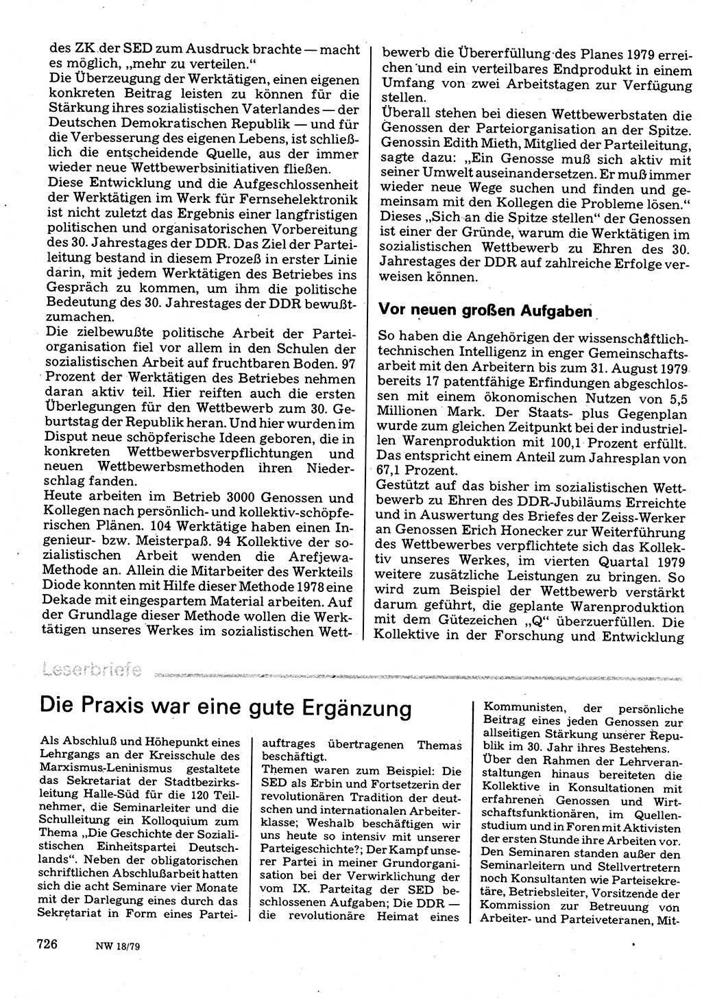 Neuer Weg (NW), Organ des Zentralkomitees (ZK) der SED (Sozialistische Einheitspartei Deutschlands) für Fragen des Parteilebens, 34. Jahrgang [Deutsche Demokratische Republik (DDR)] 1979, Seite 726 (NW ZK SED DDR 1979, S. 726)