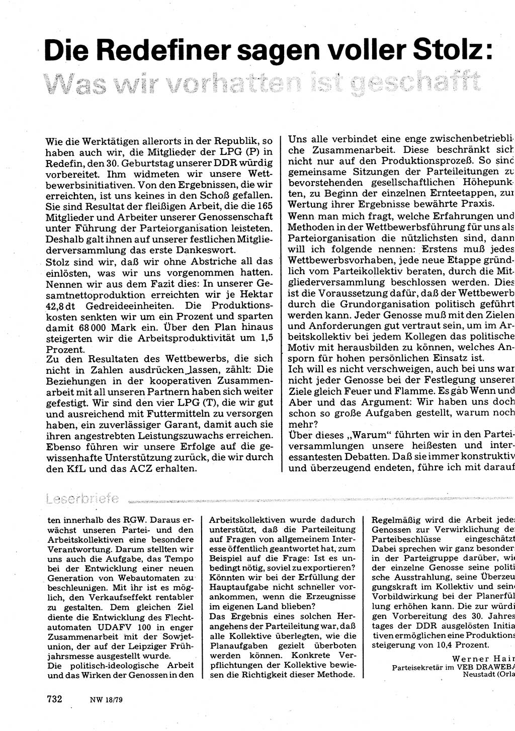 Neuer Weg (NW), Organ des Zentralkomitees (ZK) der SED (Sozialistische Einheitspartei Deutschlands) für Fragen des Parteilebens, 34. Jahrgang [Deutsche Demokratische Republik (DDR)] 1979, Seite 732 (NW ZK SED DDR 1979, S. 732)