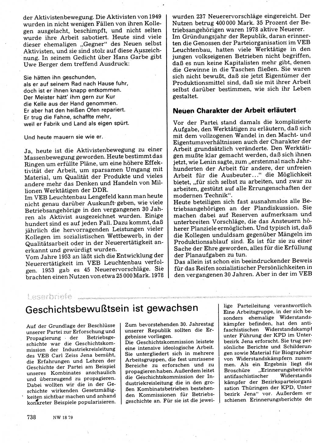 Neuer Weg (NW), Organ des Zentralkomitees (ZK) der SED (Sozialistische Einheitspartei Deutschlands) für Fragen des Parteilebens, 34. Jahrgang [Deutsche Demokratische Republik (DDR)] 1979, Seite 738 (NW ZK SED DDR 1979, S. 738)