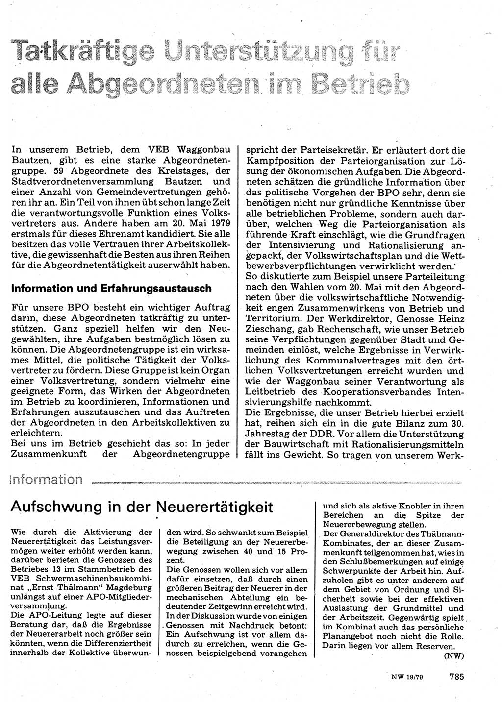 Neuer Weg (NW), Organ des Zentralkomitees (ZK) der SED (Sozialistische Einheitspartei Deutschlands) für Fragen des Parteilebens, 34. Jahrgang [Deutsche Demokratische Republik (DDR)] 1979, Seite 785 (NW ZK SED DDR 1979, S. 785)