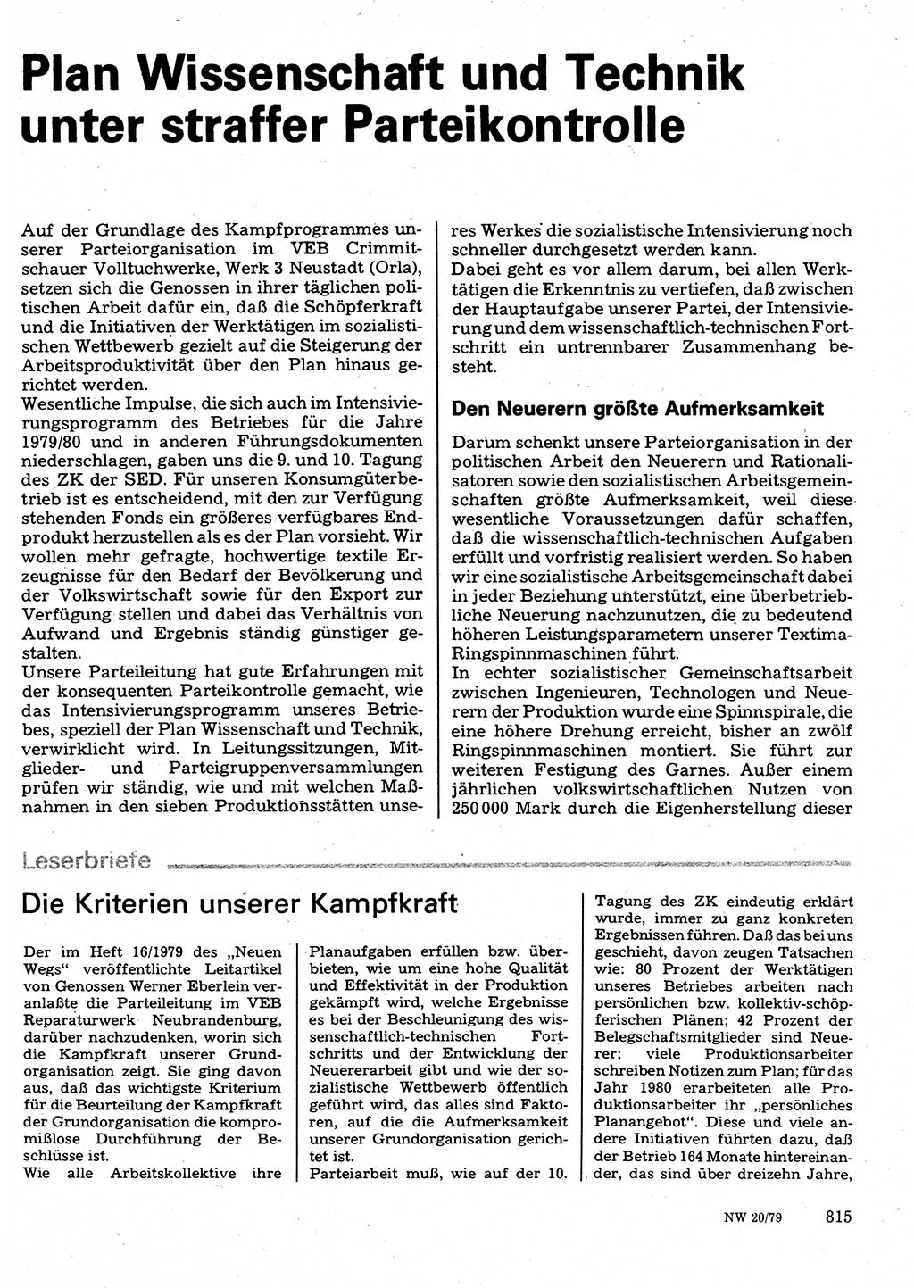Neuer Weg (NW), Organ des Zentralkomitees (ZK) der SED (Sozialistische Einheitspartei Deutschlands) für Fragen des Parteilebens, 34. Jahrgang [Deutsche Demokratische Republik (DDR)] 1979, Seite 815 (NW ZK SED DDR 1979, S. 815)