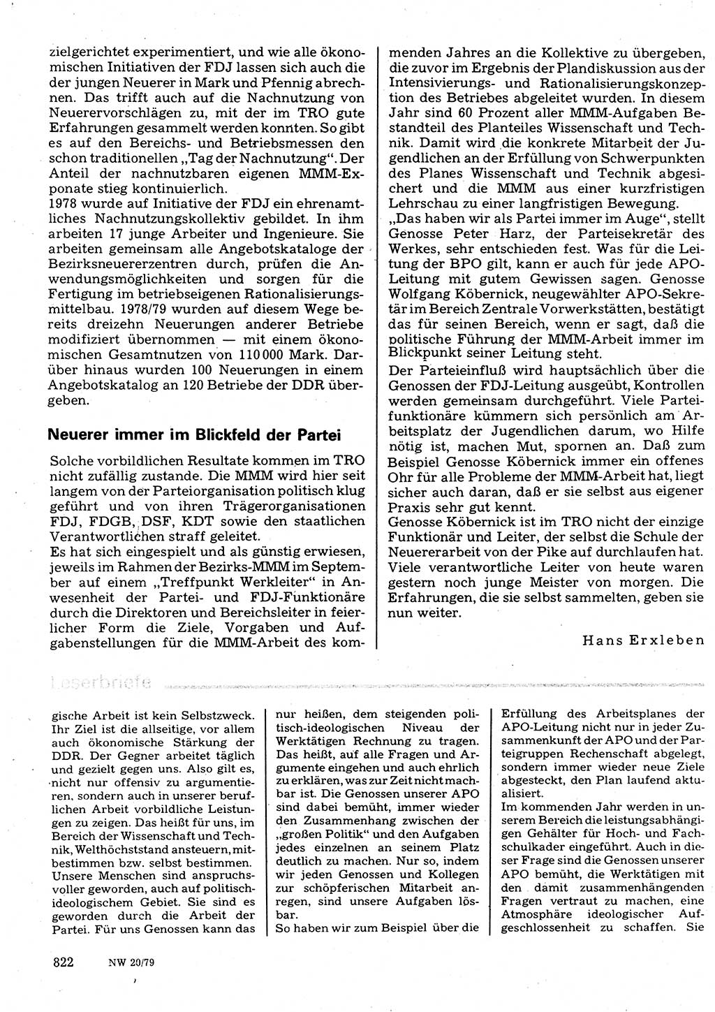 Neuer Weg (NW), Organ des Zentralkomitees (ZK) der SED (Sozialistische Einheitspartei Deutschlands) für Fragen des Parteilebens, 34. Jahrgang [Deutsche Demokratische Republik (DDR)] 1979, Seite 822 (NW ZK SED DDR 1979, S. 822)