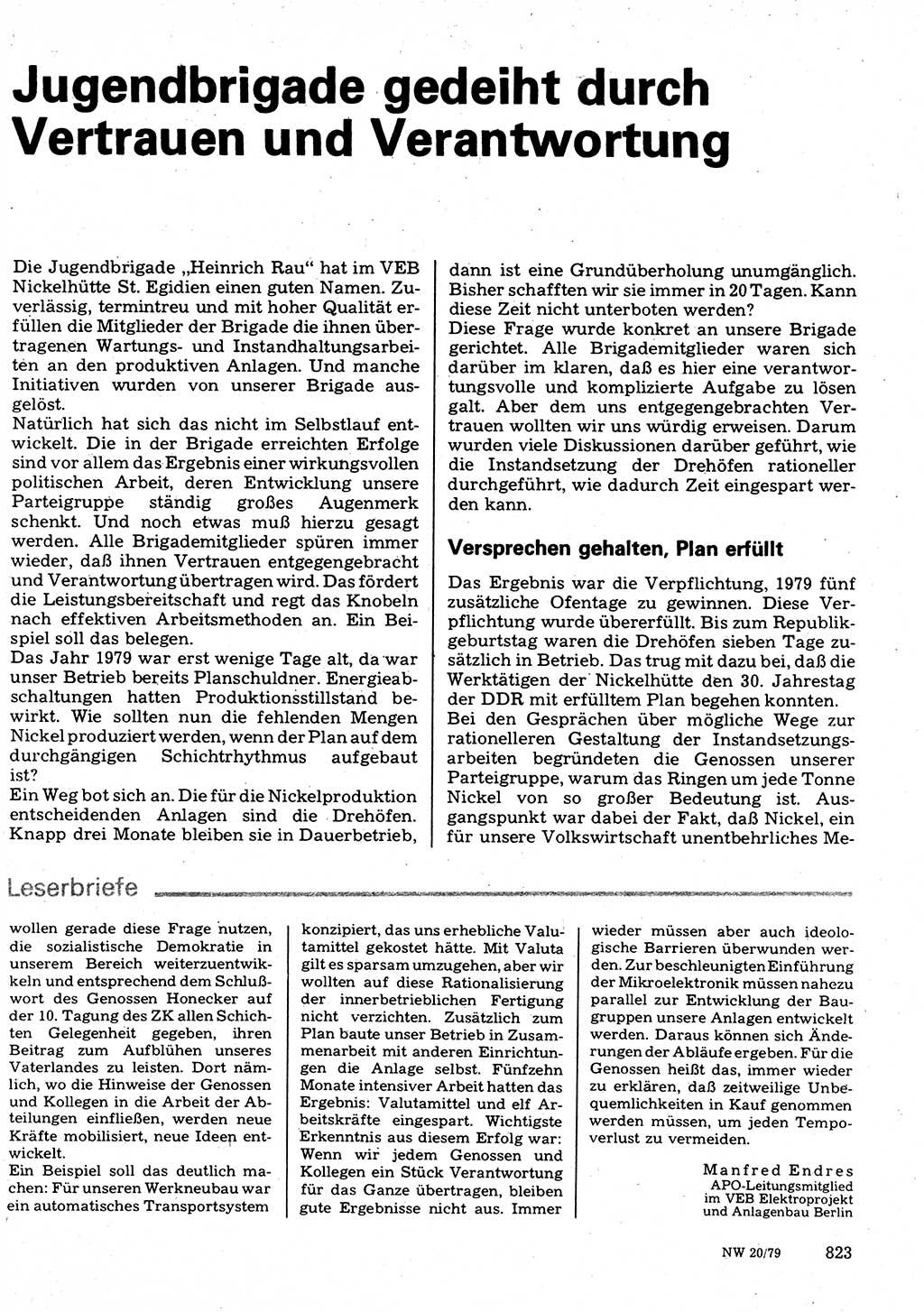 Neuer Weg (NW), Organ des Zentralkomitees (ZK) der SED (Sozialistische Einheitspartei Deutschlands) für Fragen des Parteilebens, 34. Jahrgang [Deutsche Demokratische Republik (DDR)] 1979, Seite 823 (NW ZK SED DDR 1979, S. 823)
