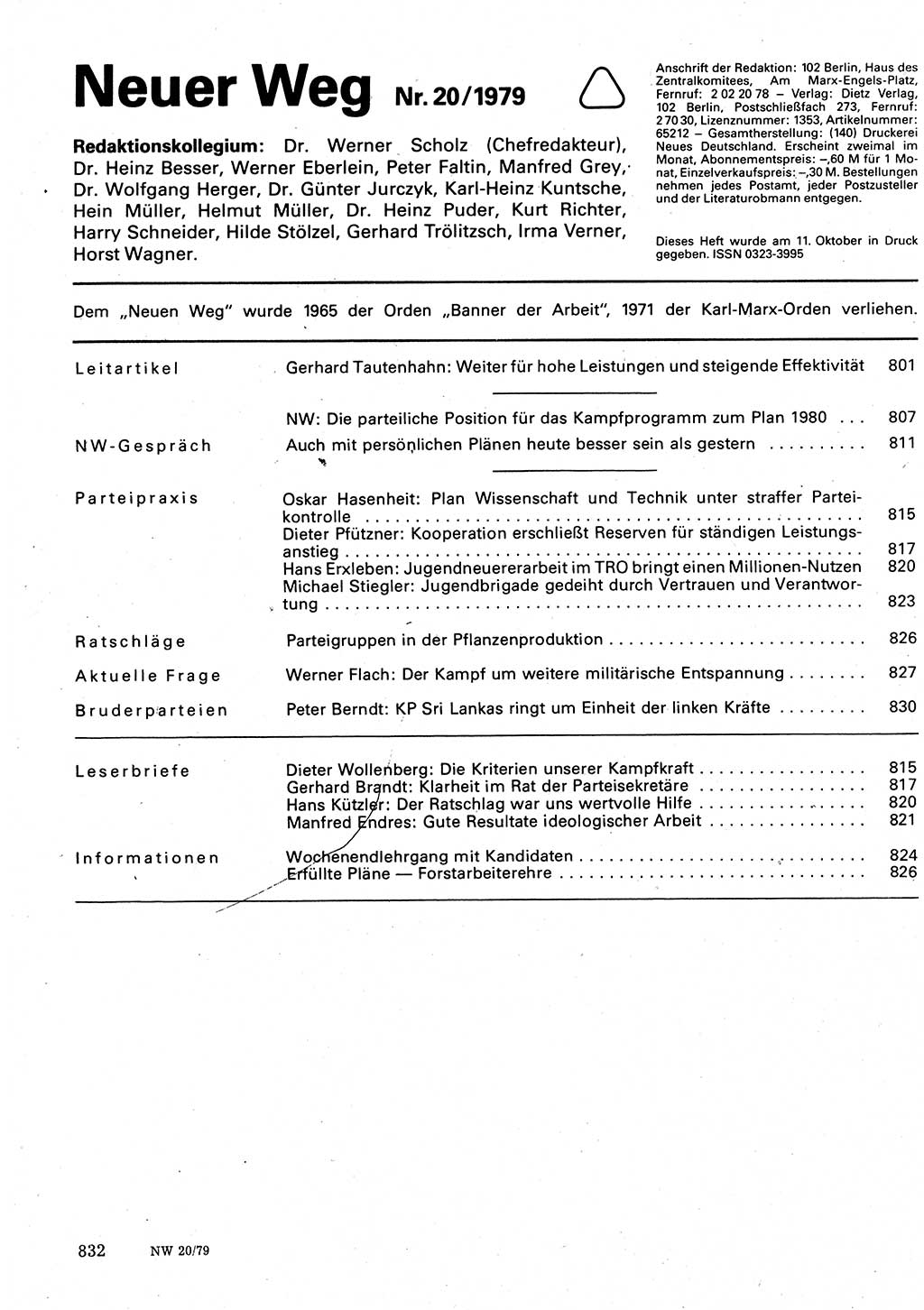 Neuer Weg (NW), Organ des Zentralkomitees (ZK) der SED (Sozialistische Einheitspartei Deutschlands) für Fragen des Parteilebens, 34. Jahrgang [Deutsche Demokratische Republik (DDR)] 1979, Seite 832 (NW ZK SED DDR 1979, S. 832)