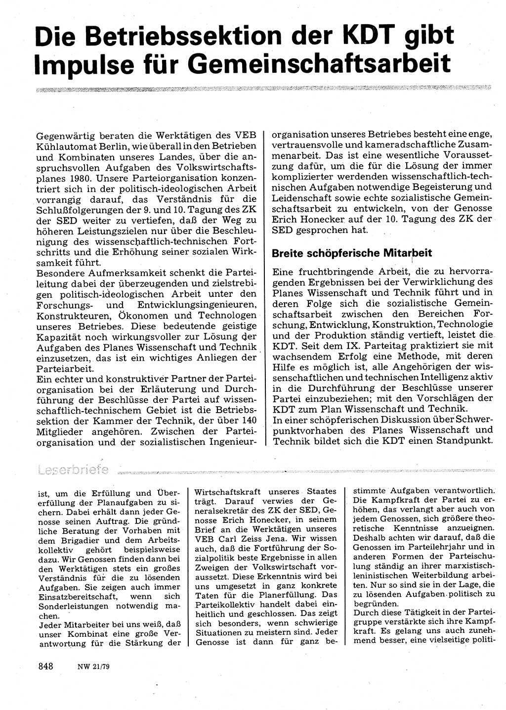Neuer Weg (NW), Organ des Zentralkomitees (ZK) der SED (Sozialistische Einheitspartei Deutschlands) für Fragen des Parteilebens, 34. Jahrgang [Deutsche Demokratische Republik (DDR)] 1979, Seite 848 (NW ZK SED DDR 1979, S. 848)