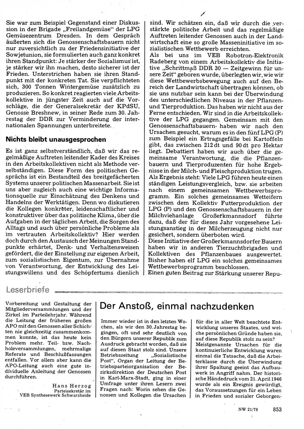 Neuer Weg (NW), Organ des Zentralkomitees (ZK) der SED (Sozialistische Einheitspartei Deutschlands) für Fragen des Parteilebens, 34. Jahrgang [Deutsche Demokratische Republik (DDR)] 1979, Seite 853 (NW ZK SED DDR 1979, S. 853)