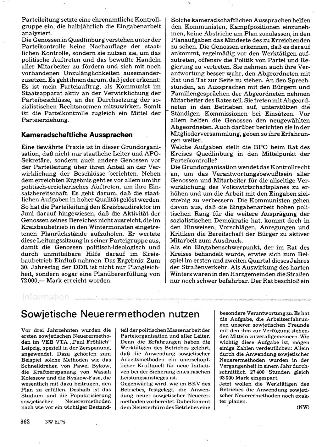 Neuer Weg (NW), Organ des Zentralkomitees (ZK) der SED (Sozialistische Einheitspartei Deutschlands) für Fragen des Parteilebens, 34. Jahrgang [Deutsche Demokratische Republik (DDR)] 1979, Seite 862 (NW ZK SED DDR 1979, S. 862)