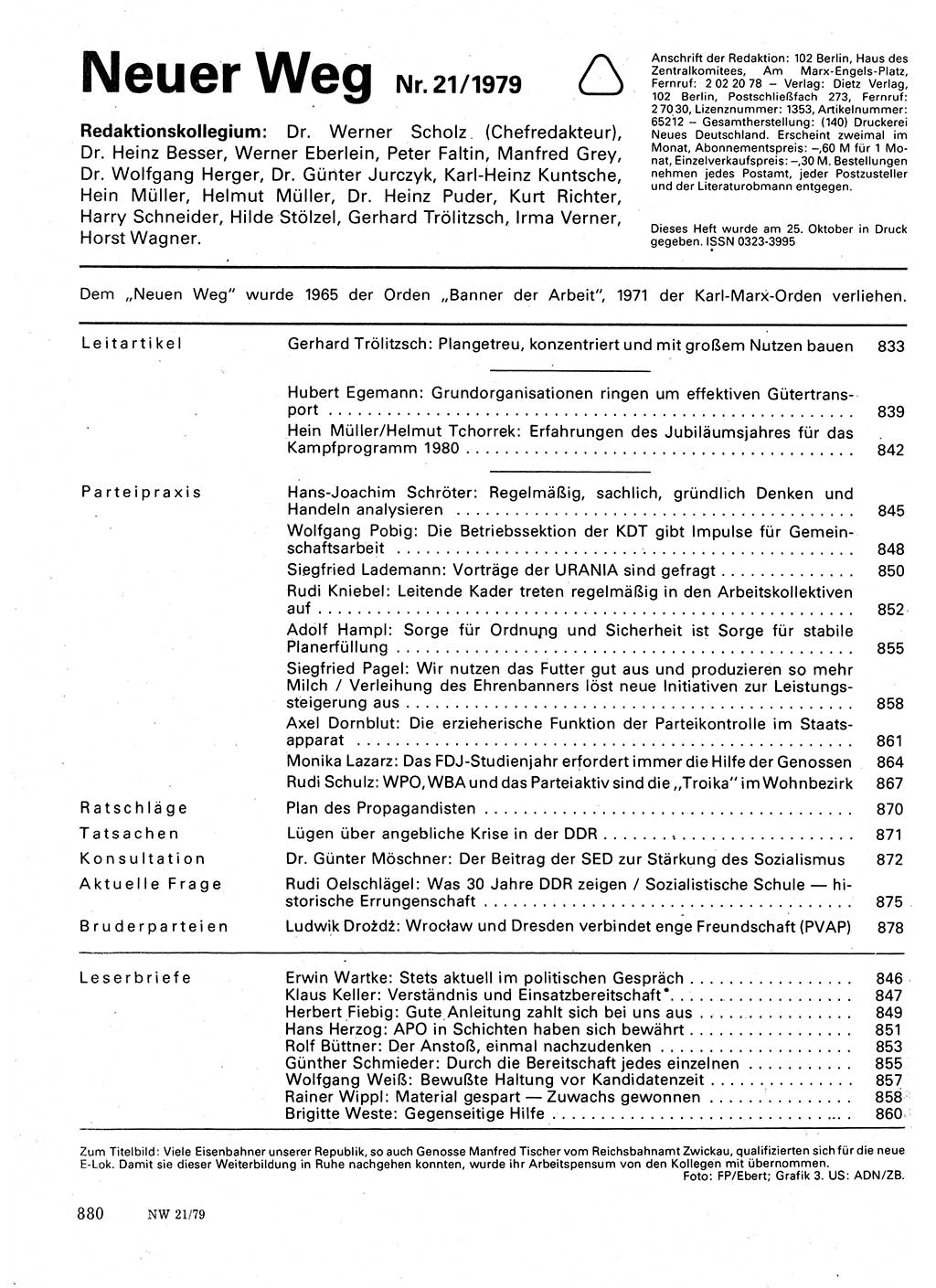 Neuer Weg (NW), Organ des Zentralkomitees (ZK) der SED (Sozialistische Einheitspartei Deutschlands) für Fragen des Parteilebens, 34. Jahrgang [Deutsche Demokratische Republik (DDR)] 1979, Seite 880 (NW ZK SED DDR 1979, S. 880)