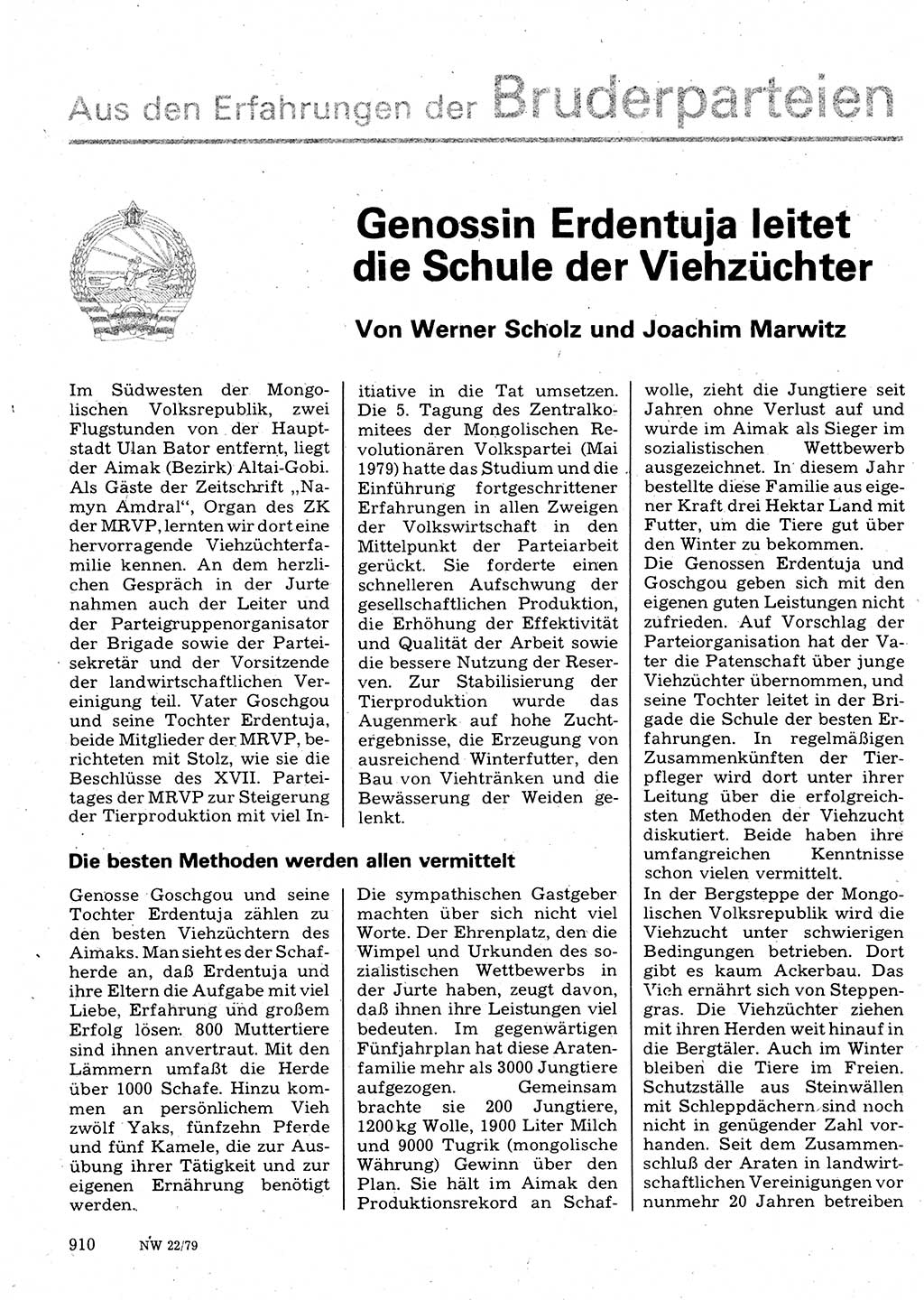 Neuer Weg (NW), Organ des Zentralkomitees (ZK) der SED (Sozialistische Einheitspartei Deutschlands) für Fragen des Parteilebens, 34. Jahrgang [Deutsche Demokratische Republik (DDR)] 1979, Seite 910 (NW ZK SED DDR 1979, S. 910)