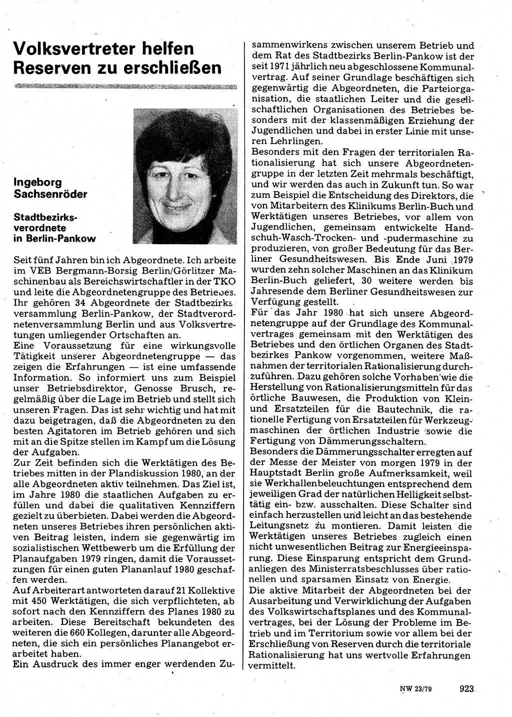 Neuer Weg (NW), Organ des Zentralkomitees (ZK) der SED (Sozialistische Einheitspartei Deutschlands) für Fragen des Parteilebens, 34. Jahrgang [Deutsche Demokratische Republik (DDR)] 1979, Seite 923 (NW ZK SED DDR 1979, S. 923)