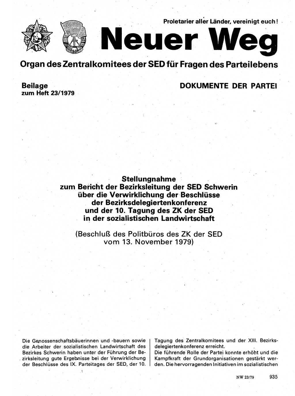 Neuer Weg (NW), Organ des Zentralkomitees (ZK) der SED (Sozialistische Einheitspartei Deutschlands) für Fragen des Parteilebens, 34. Jahrgang [Deutsche Demokratische Republik (DDR)] 1979, Seite 935 (NW ZK SED DDR 1979, S. 935)