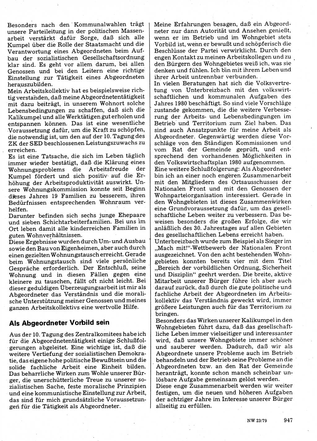 Neuer Weg (NW), Organ des Zentralkomitees (ZK) der SED (Sozialistische Einheitspartei Deutschlands) für Fragen des Parteilebens, 34. Jahrgang [Deutsche Demokratische Republik (DDR)] 1979, Seite 947 (NW ZK SED DDR 1979, S. 947)