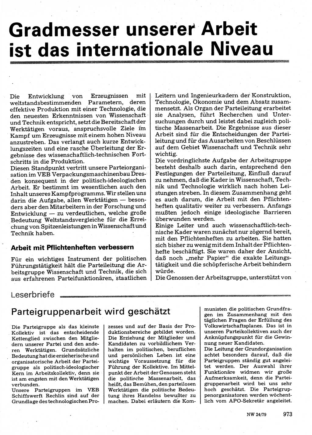 Neuer Weg (NW), Organ des Zentralkomitees (ZK) der SED (Sozialistische Einheitspartei Deutschlands) für Fragen des Parteilebens, 34. Jahrgang [Deutsche Demokratische Republik (DDR)] 1979, Seite 973 (NW ZK SED DDR 1979, S. 973)