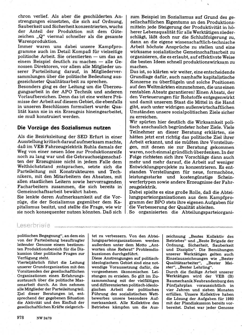Neuer Weg (NW), Organ des Zentralkomitees (ZK) der SED (Sozialistische Einheitspartei Deutschlands) für Fragen des Parteilebens, 34. Jahrgang [Deutsche Demokratische Republik (DDR)] 1979, Seite 978 (NW ZK SED DDR 1979, S. 978)