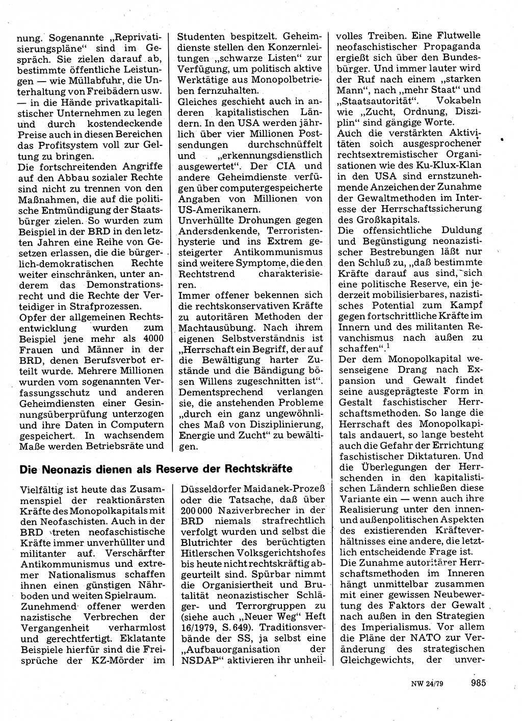 Neuer Weg (NW), Organ des Zentralkomitees (ZK) der SED (Sozialistische Einheitspartei Deutschlands) für Fragen des Parteilebens, 34. Jahrgang [Deutsche Demokratische Republik (DDR)] 1979, Seite 985 (NW ZK SED DDR 1979, S. 985)