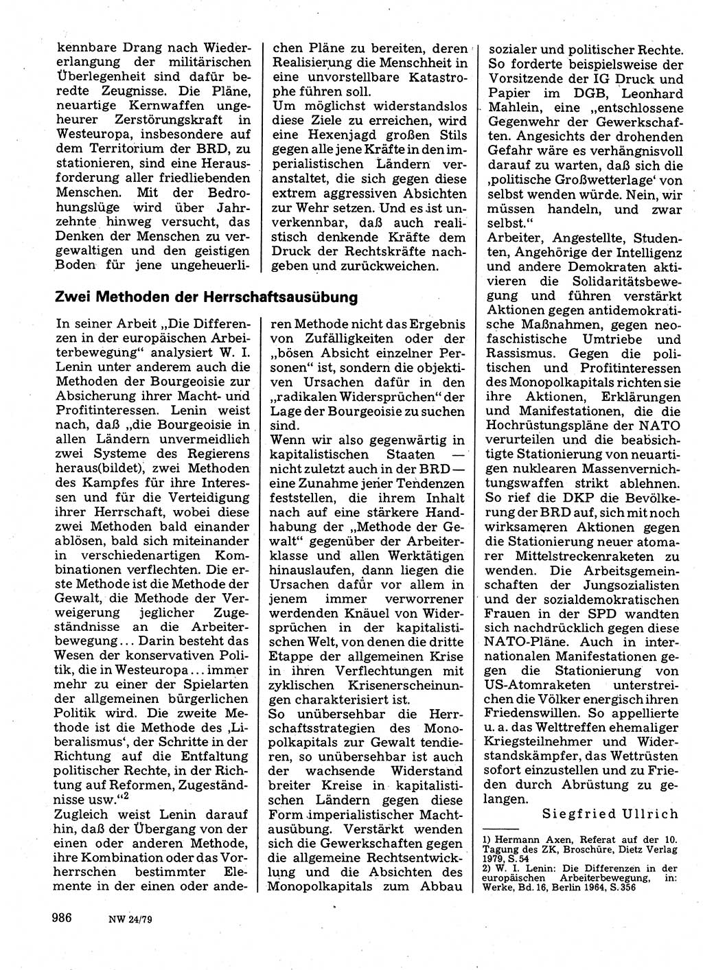 Neuer Weg (NW), Organ des Zentralkomitees (ZK) der SED (Sozialistische Einheitspartei Deutschlands) für Fragen des Parteilebens, 34. Jahrgang [Deutsche Demokratische Republik (DDR)] 1979, Seite 986 (NW ZK SED DDR 1979, S. 986)