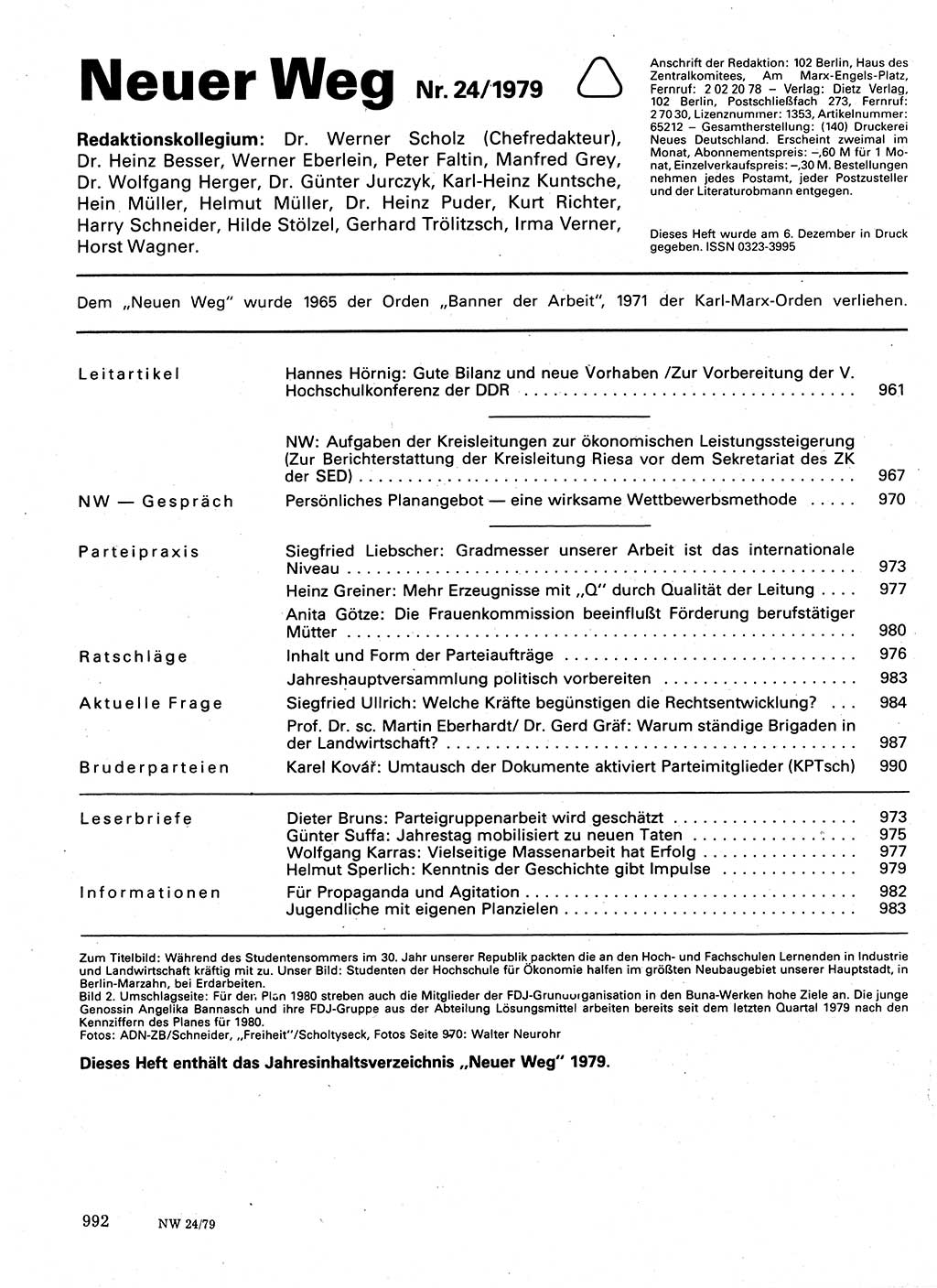 Neuer Weg (NW), Organ des Zentralkomitees (ZK) der SED (Sozialistische Einheitspartei Deutschlands) für Fragen des Parteilebens, 34. Jahrgang [Deutsche Demokratische Republik (DDR)] 1979, Seite 992 (NW ZK SED DDR 1979, S. 992)