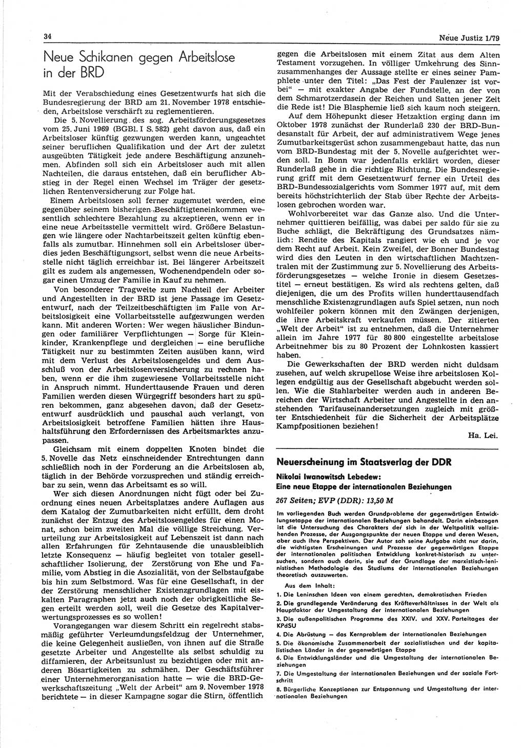Neue Justiz (NJ), Zeitschrift für sozialistisches Recht und Gesetzlichkeit [Deutsche Demokratische Republik (DDR)], 33. Jahrgang 1979, Seite 34 (NJ DDR 1979, S. 34)