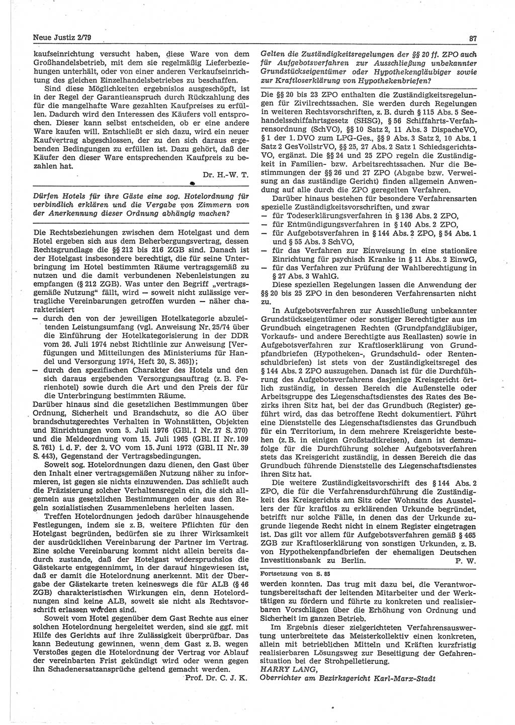 Neue Justiz (NJ), Zeitschrift für sozialistisches Recht und Gesetzlichkeit [Deutsche Demokratische Republik (DDR)], 33. Jahrgang 1979, Seite 87 (NJ DDR 1979, S. 87)