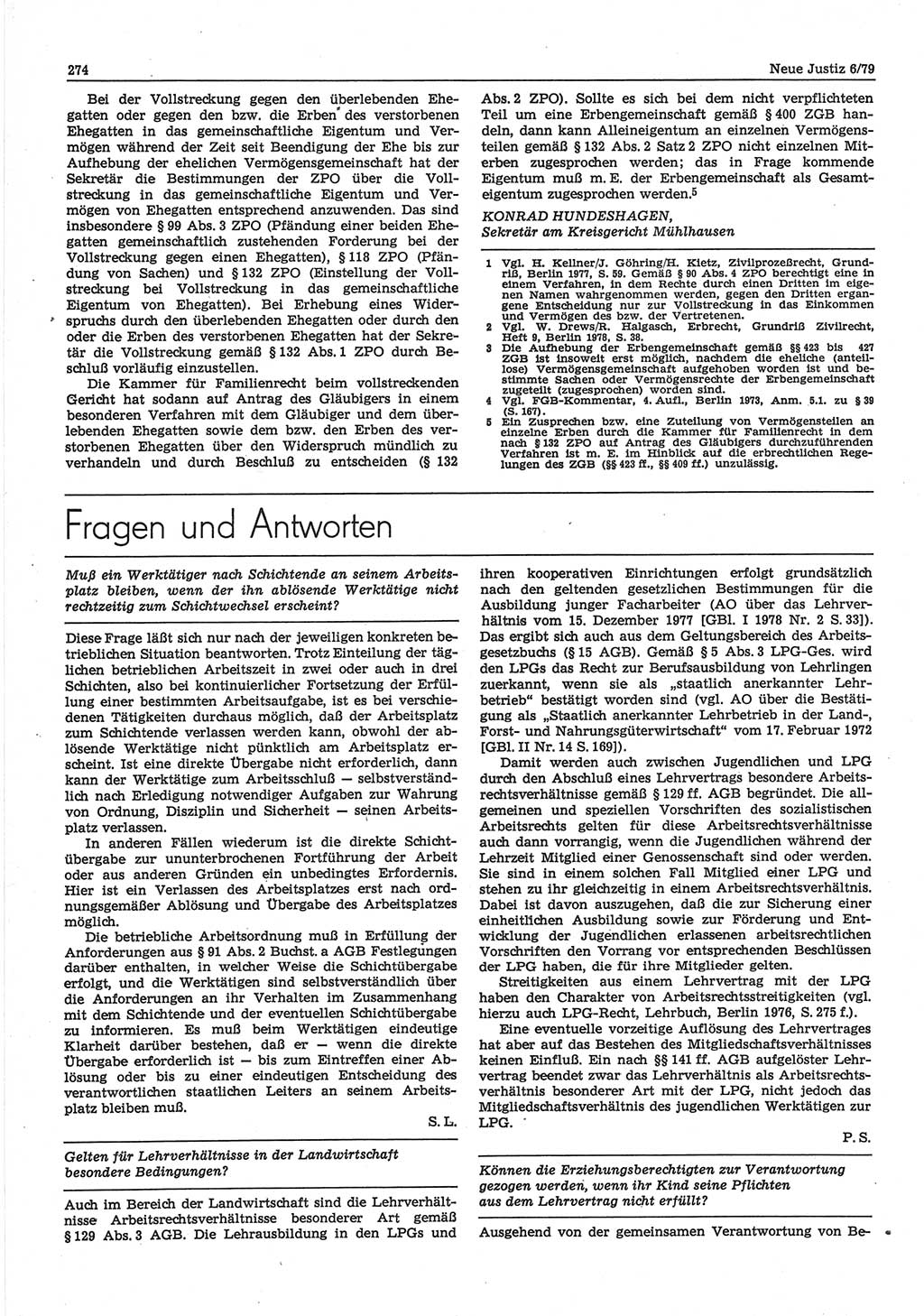 Neue Justiz (NJ), Zeitschrift für sozialistisches Recht und Gesetzlichkeit [Deutsche Demokratische Republik (DDR)], 33. Jahrgang 1979, Seite 274 (NJ DDR 1979, S. 274)