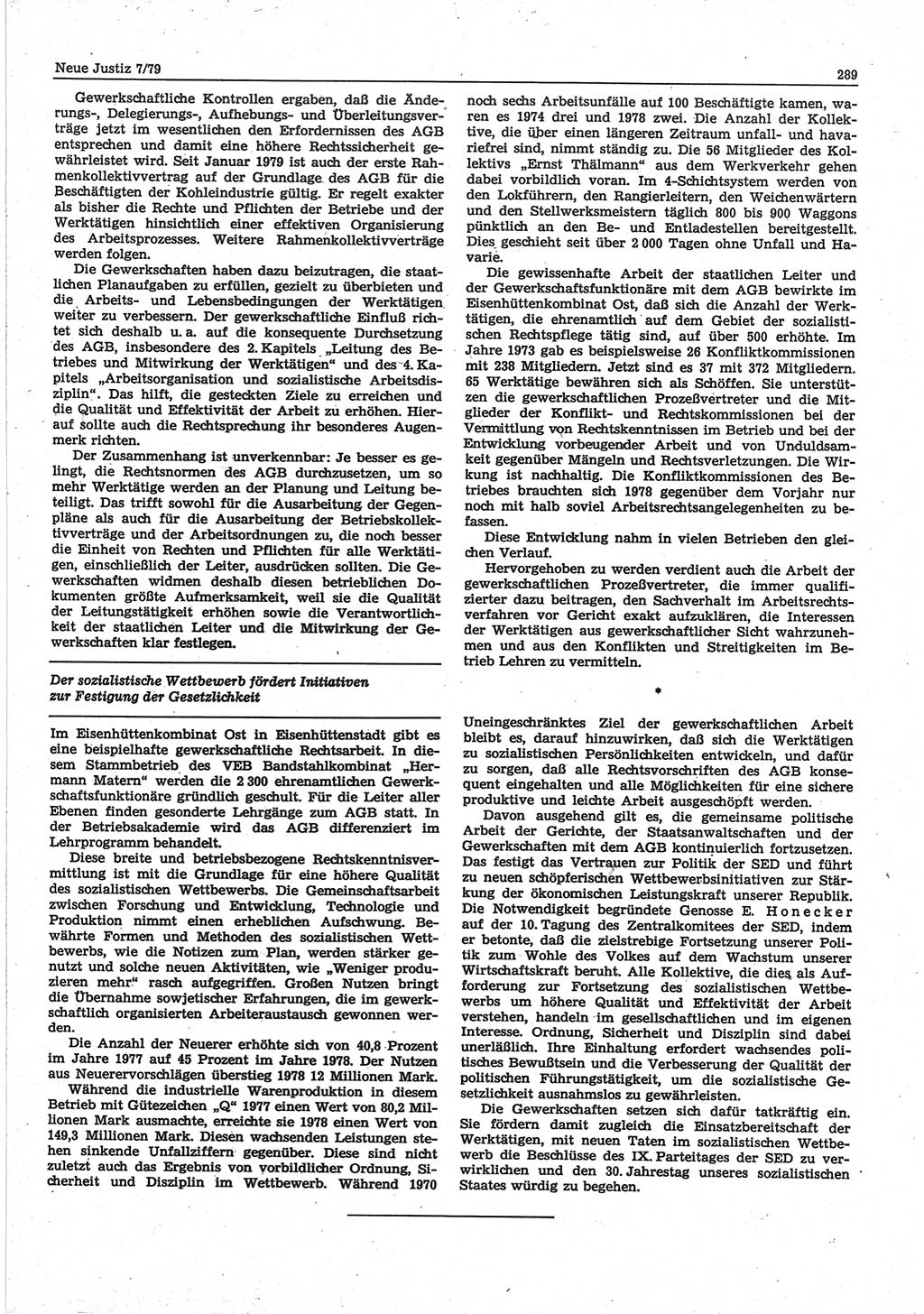 Neue Justiz (NJ), Zeitschrift für sozialistisches Recht und Gesetzlichkeit [Deutsche Demokratische Republik (DDR)], 33. Jahrgang 1979, Seite 289 (NJ DDR 1979, S. 289)