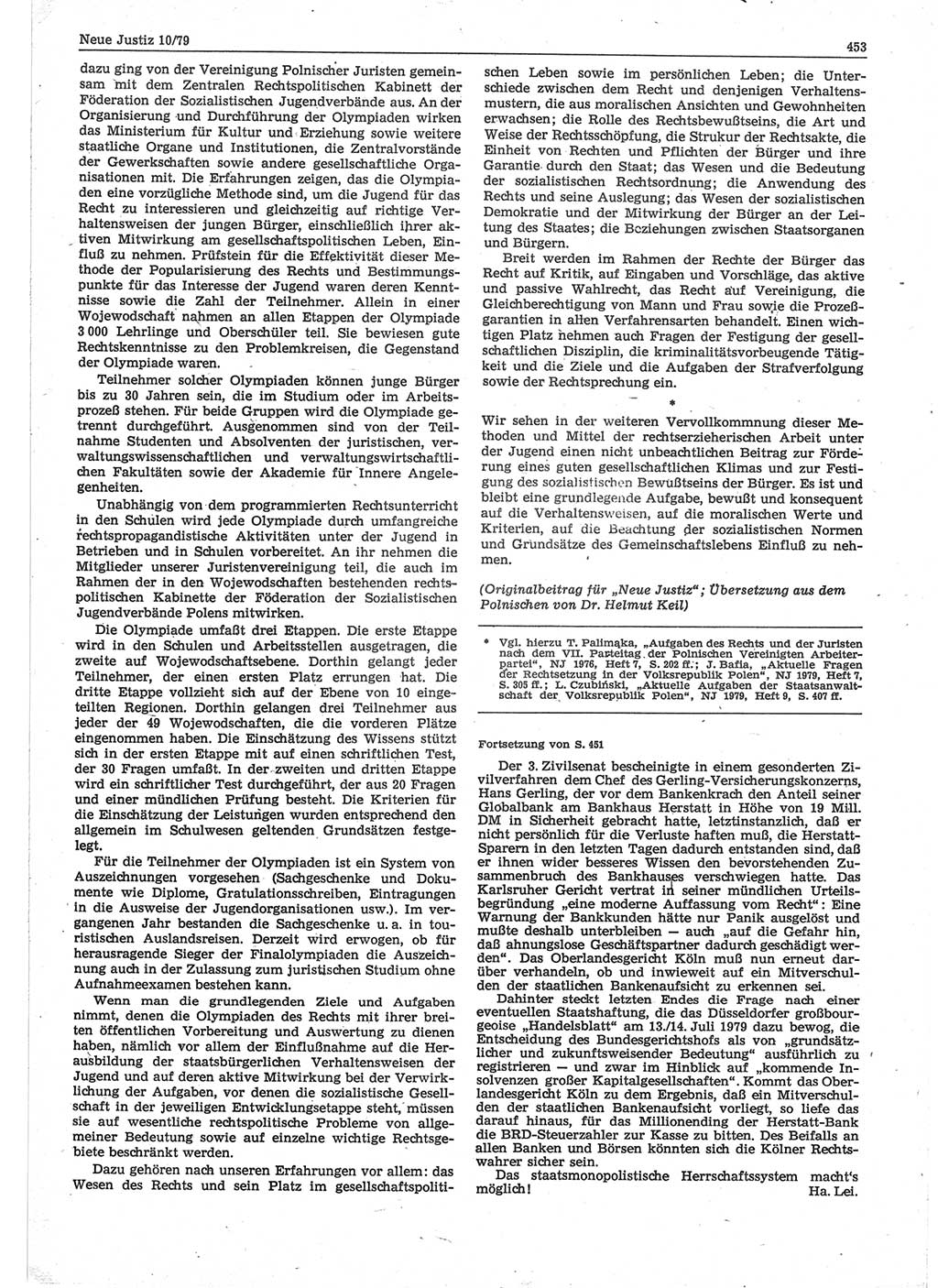 Neue Justiz (NJ), Zeitschrift für sozialistisches Recht und Gesetzlichkeit [Deutsche Demokratische Republik (DDR)], 33. Jahrgang 1979, Seite 453 (NJ DDR 1979, S. 453)
