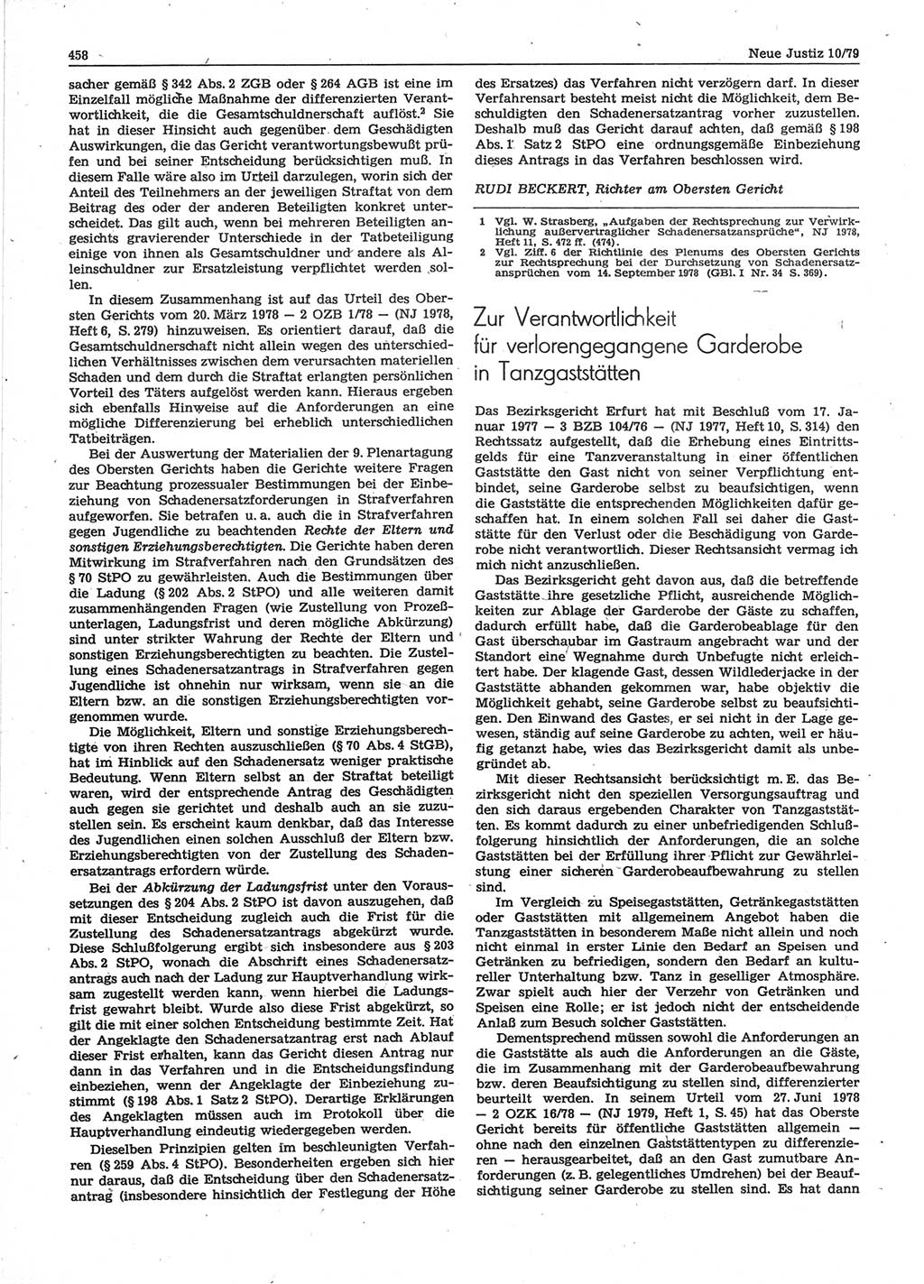 Neue Justiz (NJ), Zeitschrift für sozialistisches Recht und Gesetzlichkeit [Deutsche Demokratische Republik (DDR)], 33. Jahrgang 1979, Seite 458 (NJ DDR 1979, S. 458)