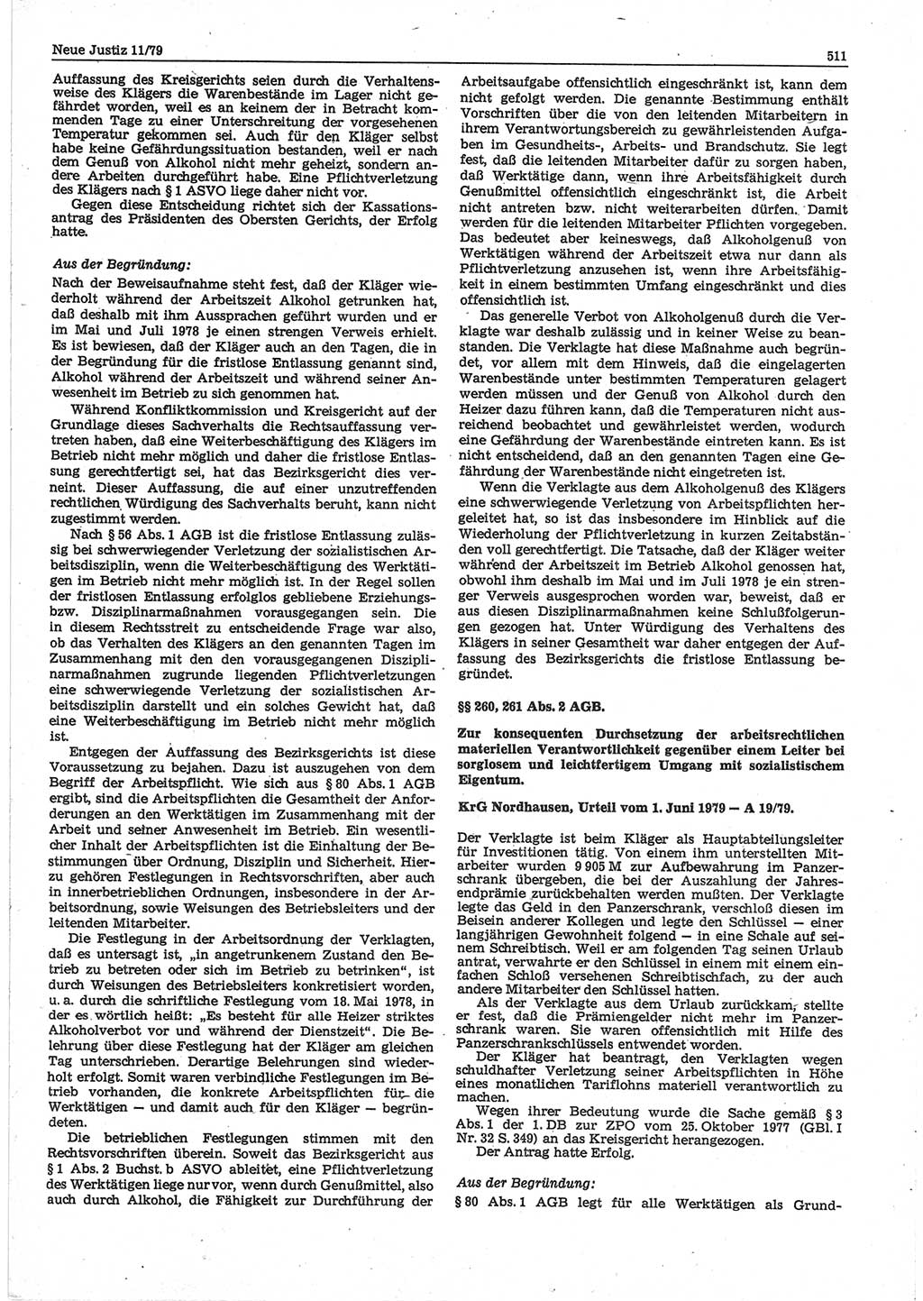 Neue Justiz (NJ), Zeitschrift für sozialistisches Recht und Gesetzlichkeit [Deutsche Demokratische Republik (DDR)], 33. Jahrgang 1979, Seite 511 (NJ DDR 1979, S. 511)