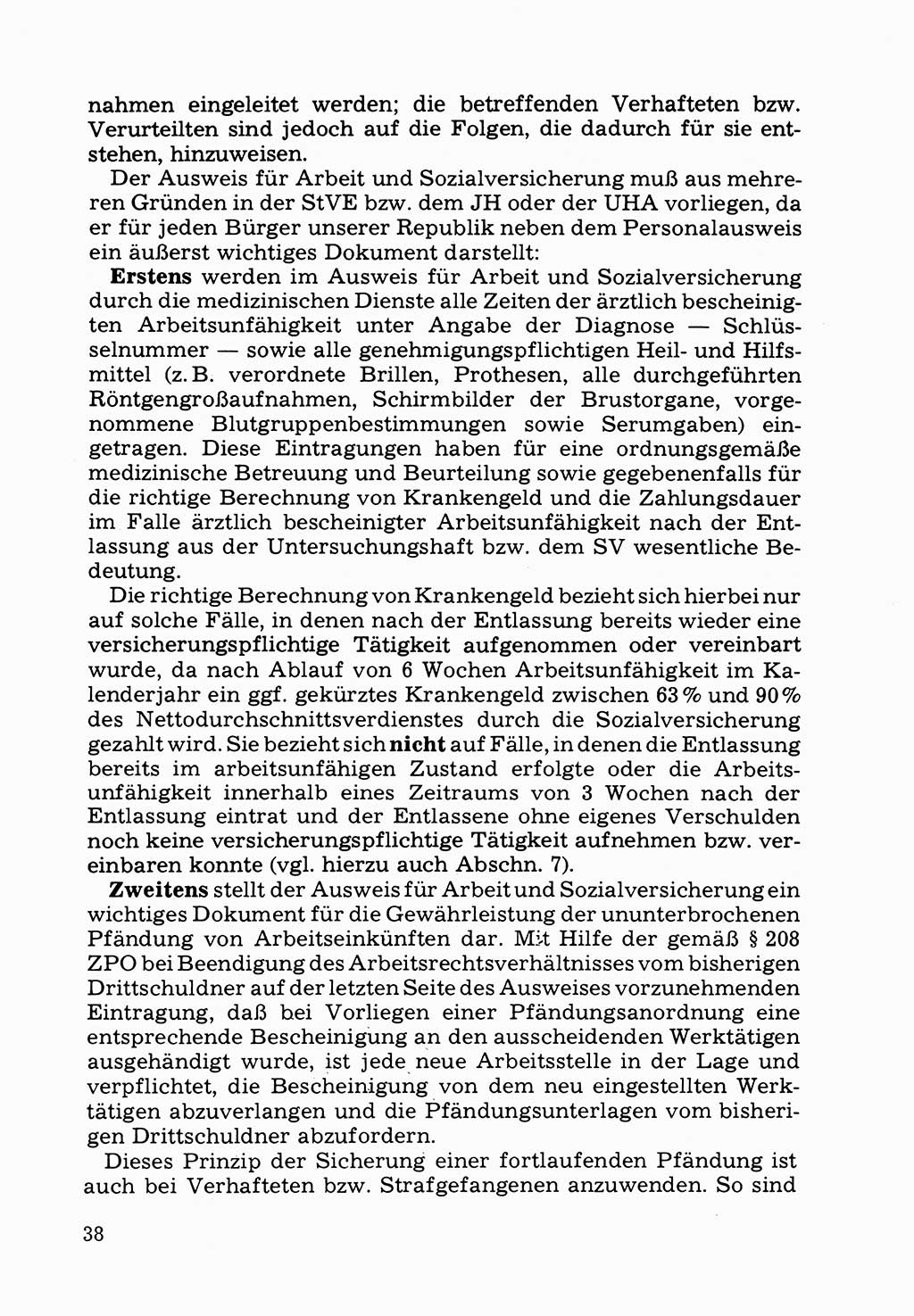 Verwaltungsmäßige Aufgaben beim Vollzug der Untersuchungshaft (U-Haft) sowie der Strafen mit Freiheitsentzug (SV) [Deutsche Demokratische Republik (DDR)] 1980, Seite 38 (Aufg. Vollz. U-Haft SV DDR 1980, S. 38)