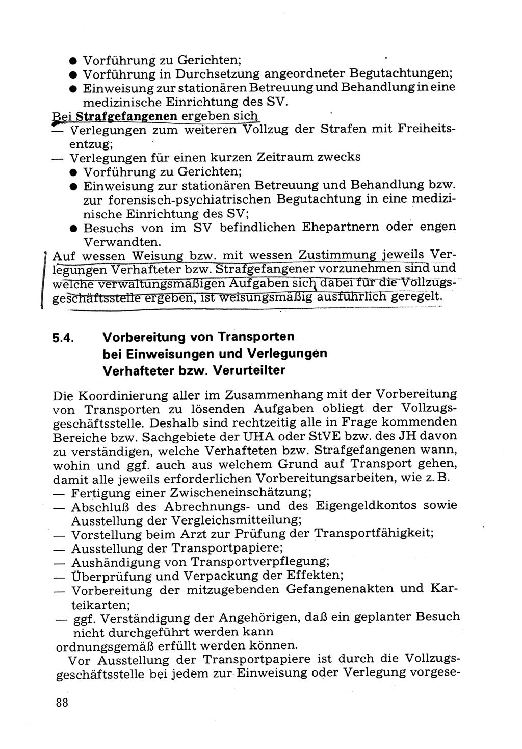 Verwaltungsmäßige Aufgaben beim Vollzug der Untersuchungshaft (U-Haft) sowie der Strafen mit Freiheitsentzug (SV) [Deutsche Demokratische Republik (DDR)] 1980, Seite 88 (Aufg. Vollz. U-Haft SV DDR 1980, S. 88)