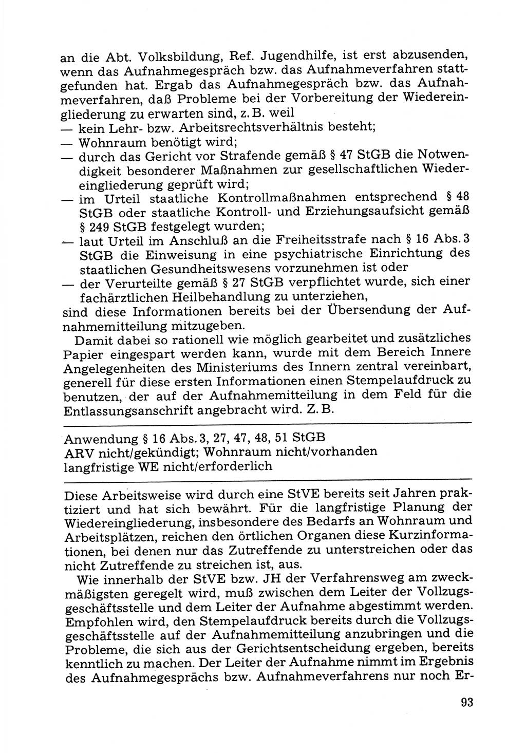 Verwaltungsmäßige Aufgaben beim Vollzug der Untersuchungshaft (U-Haft) sowie der Strafen mit Freiheitsentzug (SV) [Deutsche Demokratische Republik (DDR)] 1980, Seite 93 (Aufg. Vollz. U-Haft SV DDR 1980, S. 93)