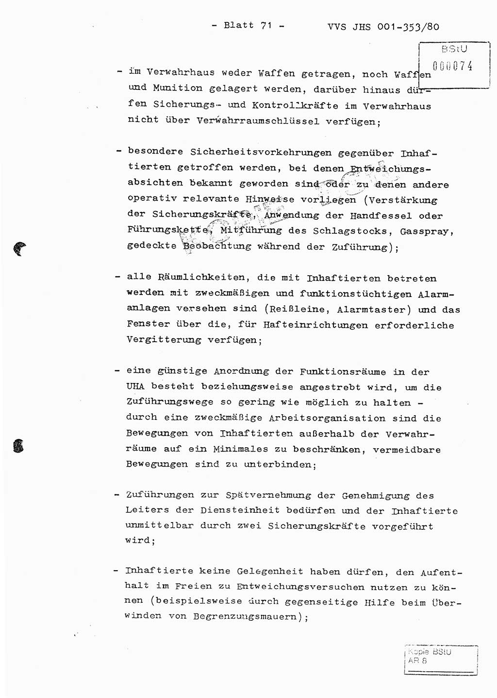 Diplomarbeit Hauptmann Joachim Klaumünzner (Abt. ⅩⅣ), Ministerium für Staatssicherheit (MfS) [Deutsche Demokratische Republik (DDR)], Juristische Hochschule (JHS), Vertrauliche Verschlußsache (VVS) o001-353/80, Potsdam 1980, Blatt 71 (Dipl.-Arb. MfS DDR JHS VVS o001-353/80 1980, Bl. 71)