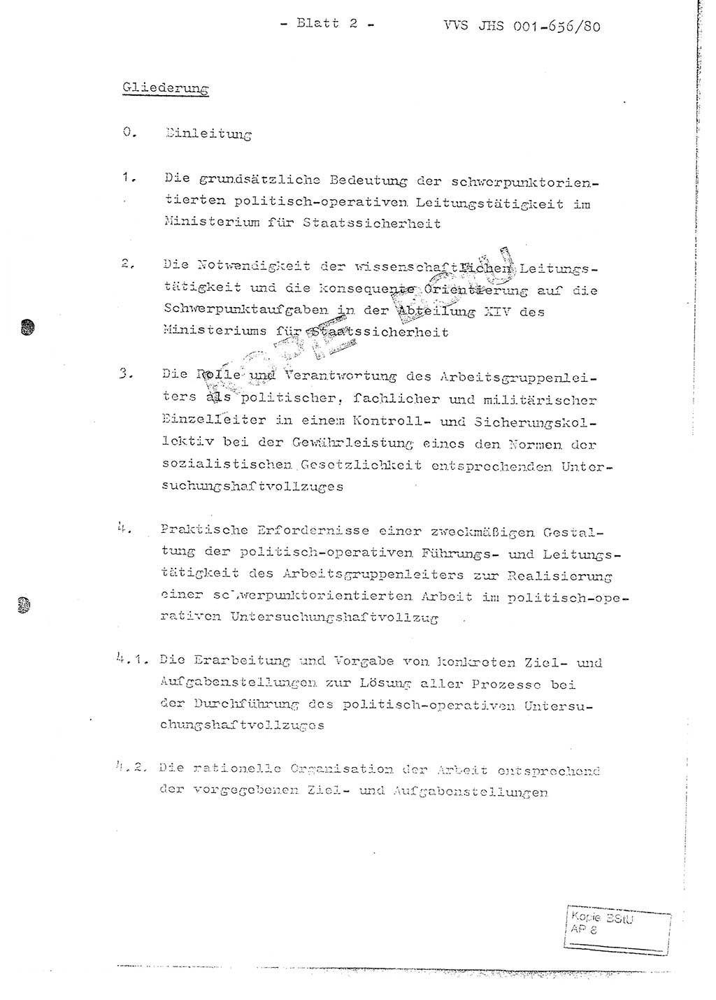 Fachschulabschlußarbeit Unterleutnant Christian Kätzel (Abt. ⅩⅣ), Ministerium für Staatssicherheit (MfS) [Deutsche Demokratische Republik (DDR)], Juristische Hochschule (JHS), Vertrauliche Verschlußsache (VVS) 001-656/80, Potsdam 1980, Blatt 2 (FS-Abschl.-Arb. MfS DDR JHS VVS 001-656/80 1980, Bl. 2)
