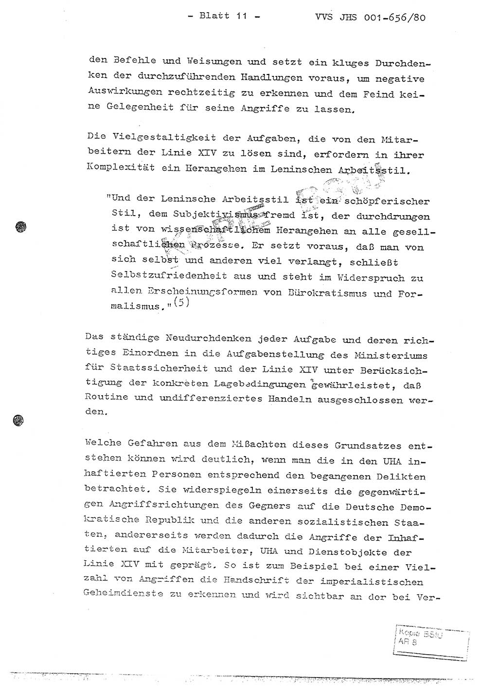 Fachschulabschlußarbeit Unterleutnant Christian Kätzel (Abt. ⅩⅣ), Ministerium für Staatssicherheit (MfS) [Deutsche Demokratische Republik (DDR)], Juristische Hochschule (JHS), Vertrauliche Verschlußsache (VVS) 001-656/80, Potsdam 1980, Blatt 11 (FS-Abschl.-Arb. MfS DDR JHS VVS 001-656/80 1980, Bl. 11)