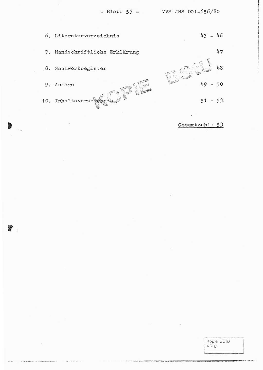 Fachschulabschlußarbeit Unterleutnant Christian Kätzel (Abt. ⅩⅣ), Ministerium für Staatssicherheit (MfS) [Deutsche Demokratische Republik (DDR)], Juristische Hochschule (JHS), Vertrauliche Verschlußsache (VVS) 001-656/80, Potsdam 1980, Blatt 53 (FS-Abschl.-Arb. MfS DDR JHS VVS 001-656/80 1980, Bl. 53)