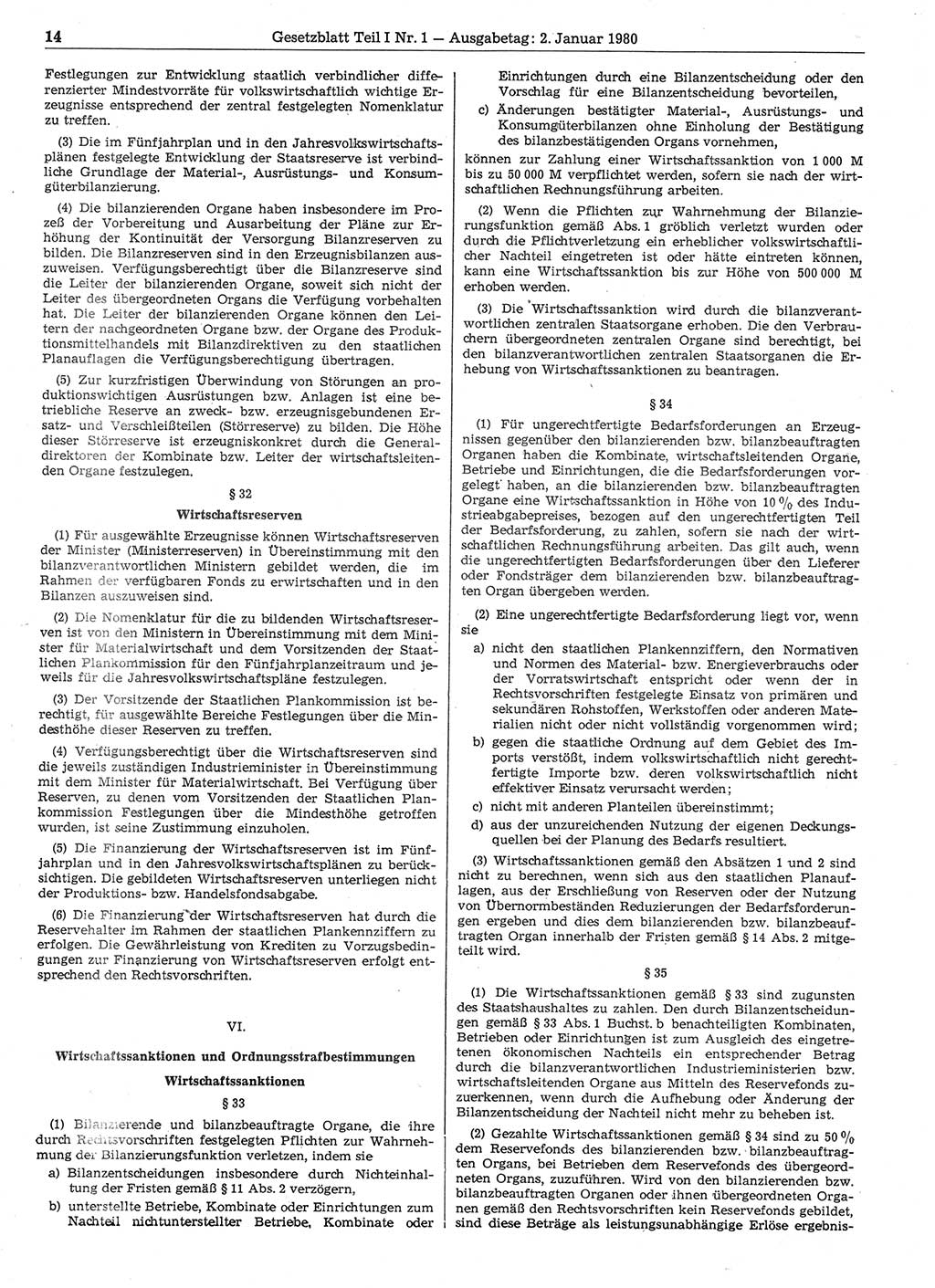 Gesetzblatt (GBl.) der Deutschen Demokratischen Republik (DDR) Teil Ⅰ 1980, Seite 14 (GBl. DDR Ⅰ 1980, S. 14)