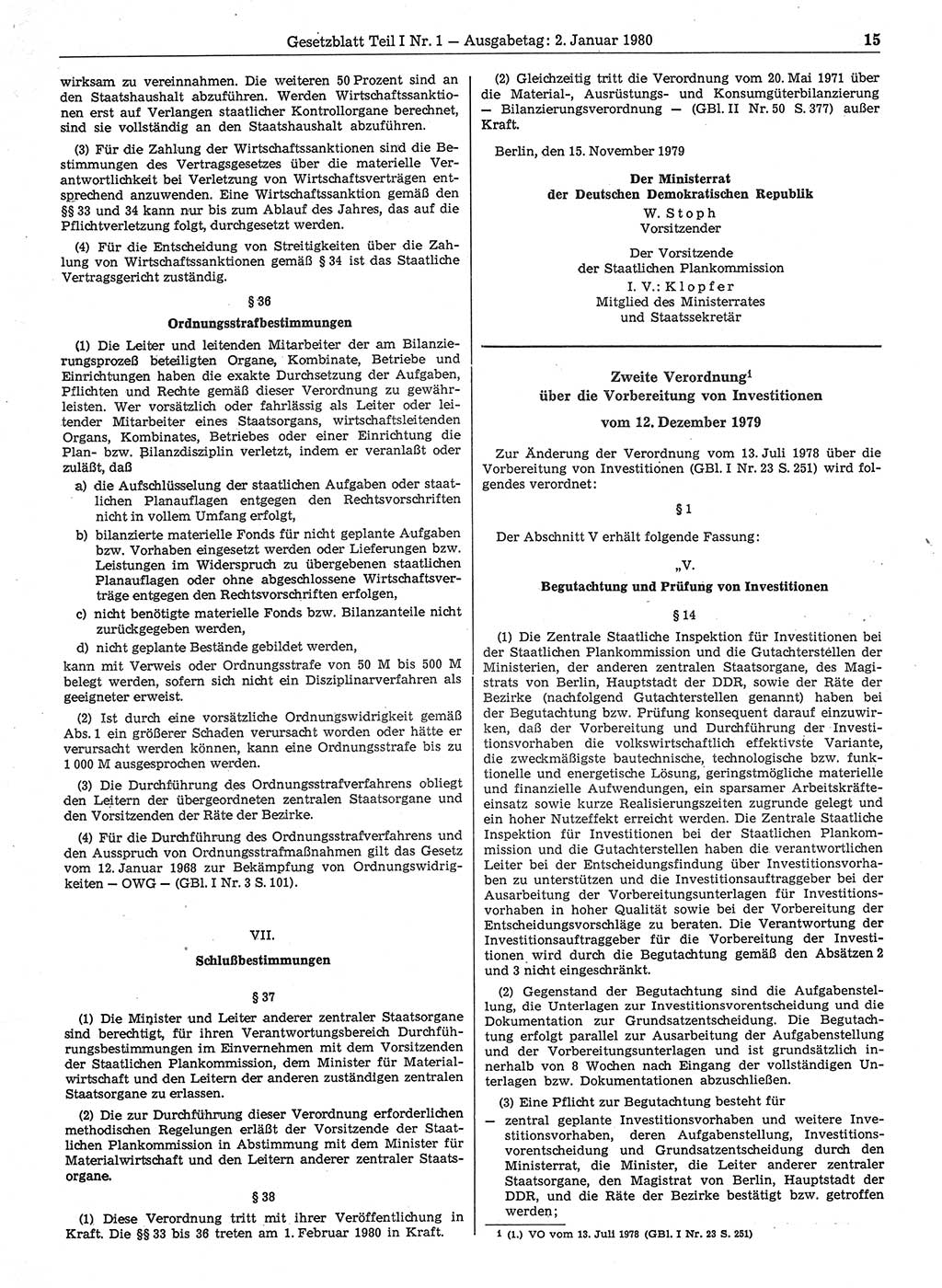 Gesetzblatt (GBl.) der Deutschen Demokratischen Republik (DDR) Teil Ⅰ 1980, Seite 15 (GBl. DDR Ⅰ 1980, S. 15)