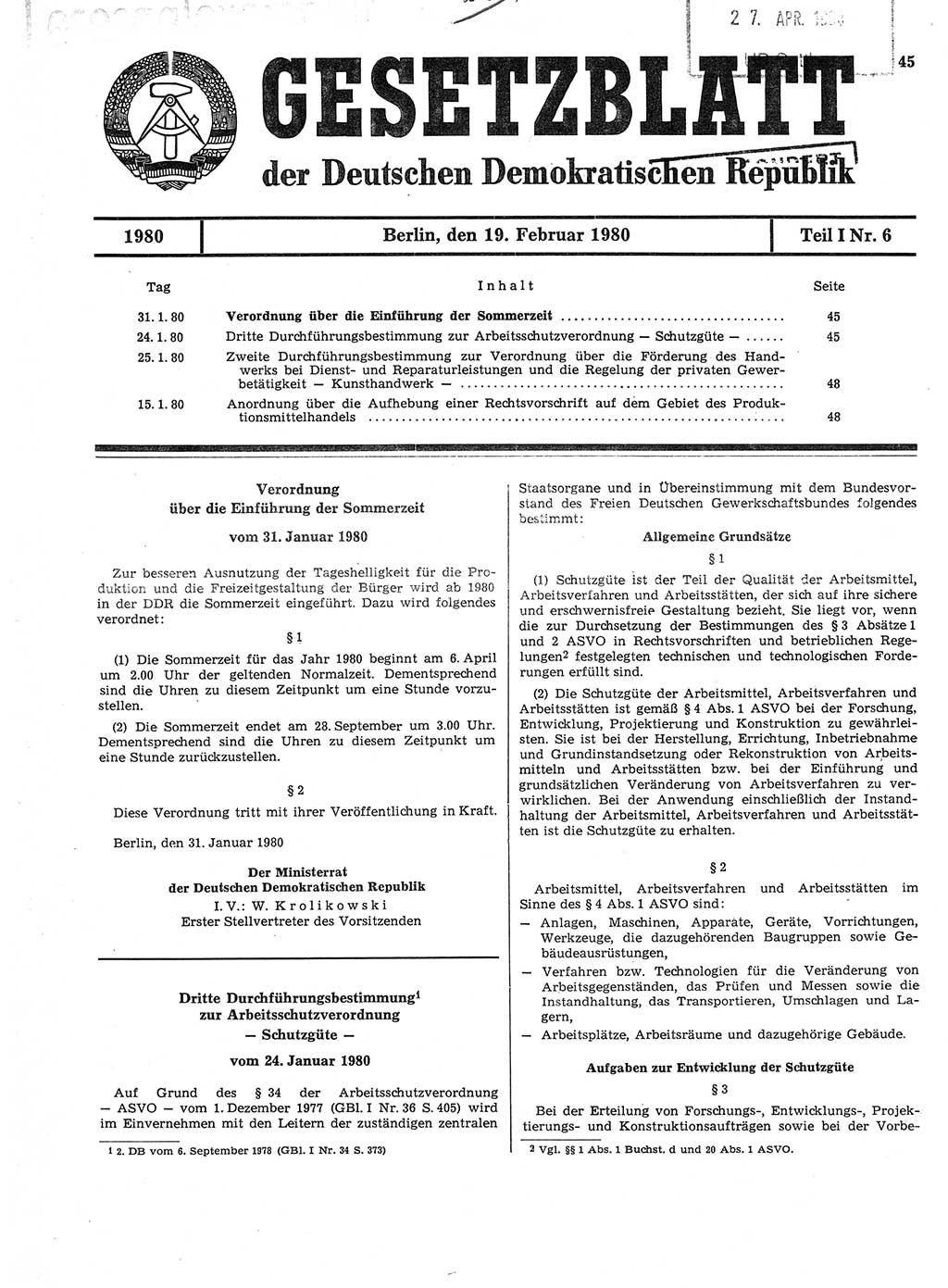 Gesetzblatt (GBl.) der Deutschen Demokratischen Republik (DDR) Teil Ⅰ 1980, Seite 45 (GBl. DDR Ⅰ 1980, S. 45)