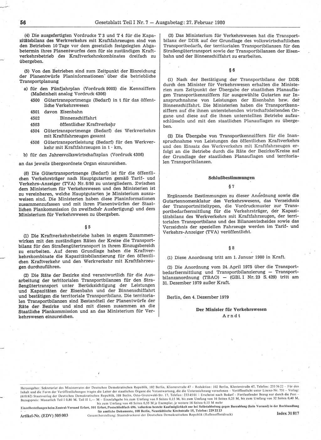 Gesetzblatt (GBl.) der Deutschen Demokratischen Republik (DDR) Teil Ⅰ 1980, Seite 56 (GBl. DDR Ⅰ 1980, S. 56)