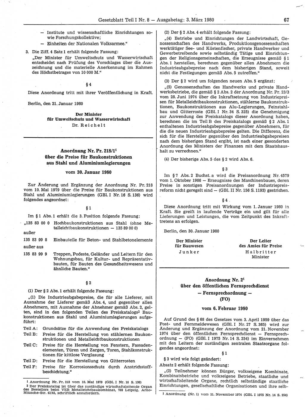 Gesetzblatt (GBl.) der Deutschen Demokratischen Republik (DDR) Teil Ⅰ 1980, Seite 67 (GBl. DDR Ⅰ 1980, S. 67)