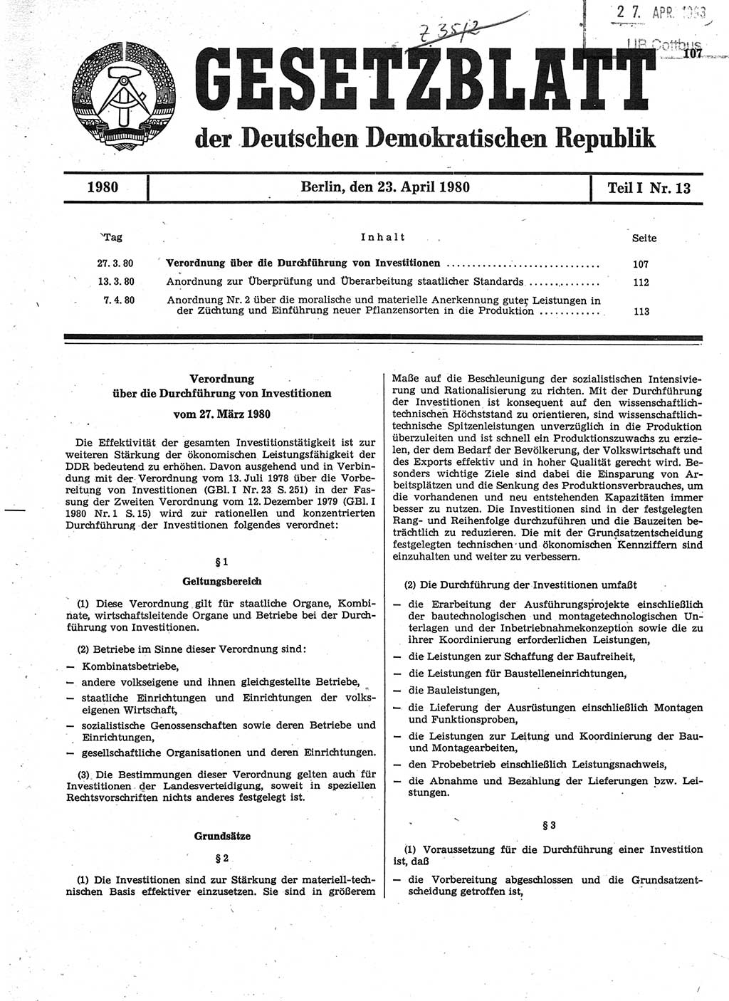 Gesetzblatt (GBl.) der Deutschen Demokratischen Republik (DDR) Teil Ⅰ 1980, Seite 107 (GBl. DDR Ⅰ 1980, S. 107)