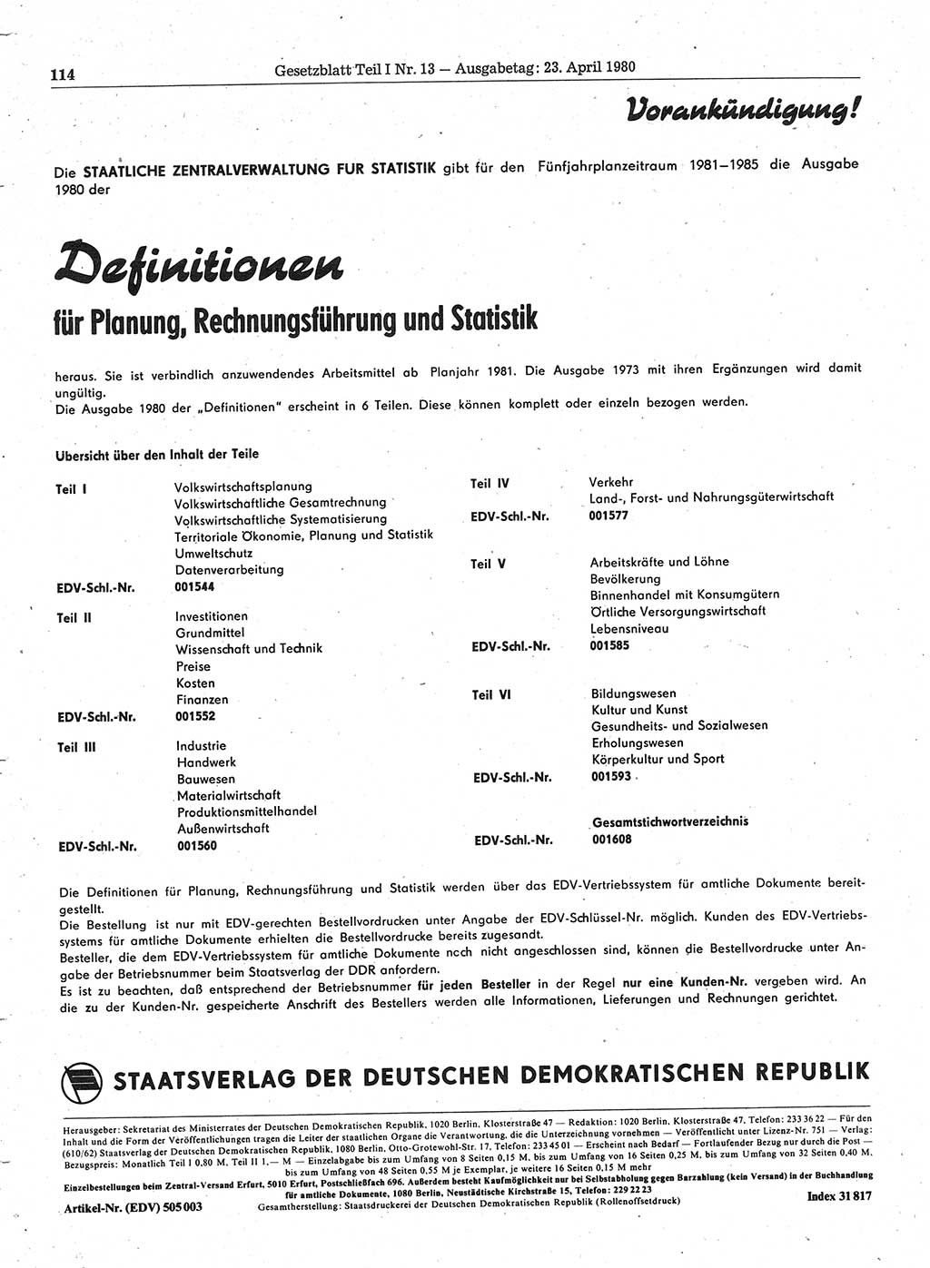 Gesetzblatt (GBl.) der Deutschen Demokratischen Republik (DDR) Teil Ⅰ 1980, Seite 114 (GBl. DDR Ⅰ 1980, S. 114)