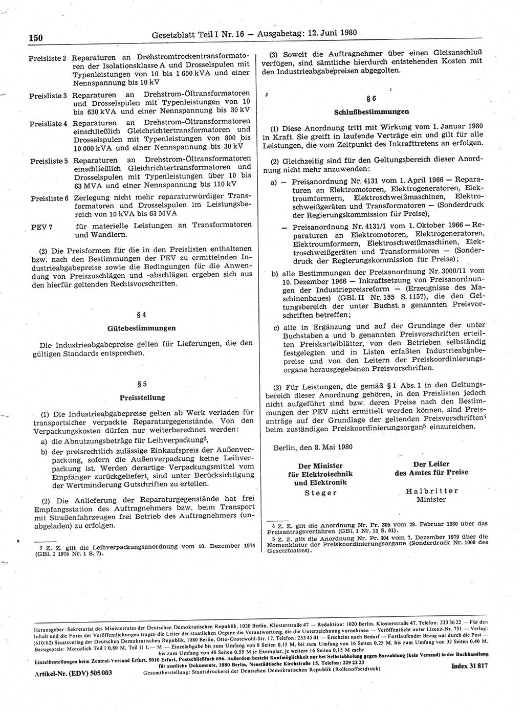 Gesetzblatt (GBl.) der Deutschen Demokratischen Republik (DDR) Teil Ⅰ 1980, Seite 150 (GBl. DDR Ⅰ 1980, S. 150)