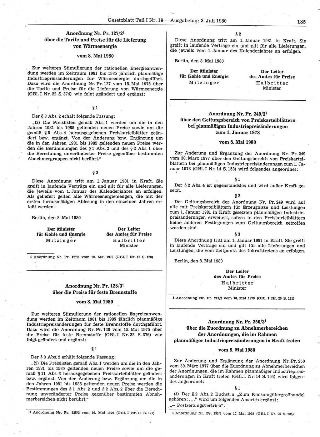 Gesetzblatt (GBl.) der Deutschen Demokratischen Republik (DDR) Teil Ⅰ 1980, Seite 185 (GBl. DDR Ⅰ 1980, S. 185)