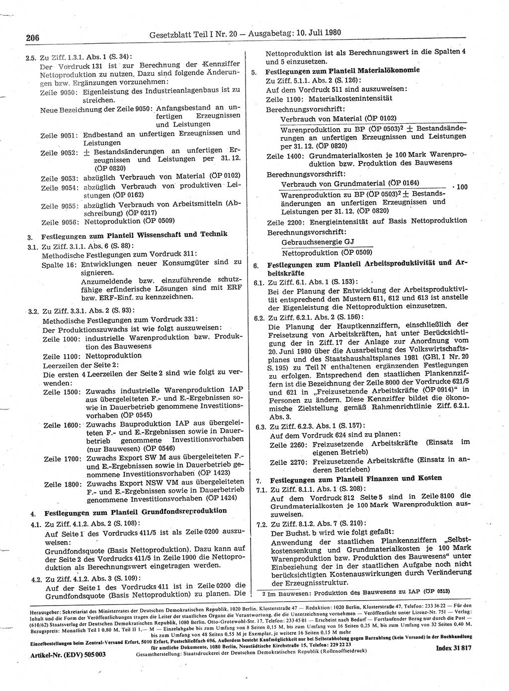 Gesetzblatt (GBl.) der Deutschen Demokratischen Republik (DDR) Teil Ⅰ 1980, Seite 206 (GBl. DDR Ⅰ 1980, S. 206)